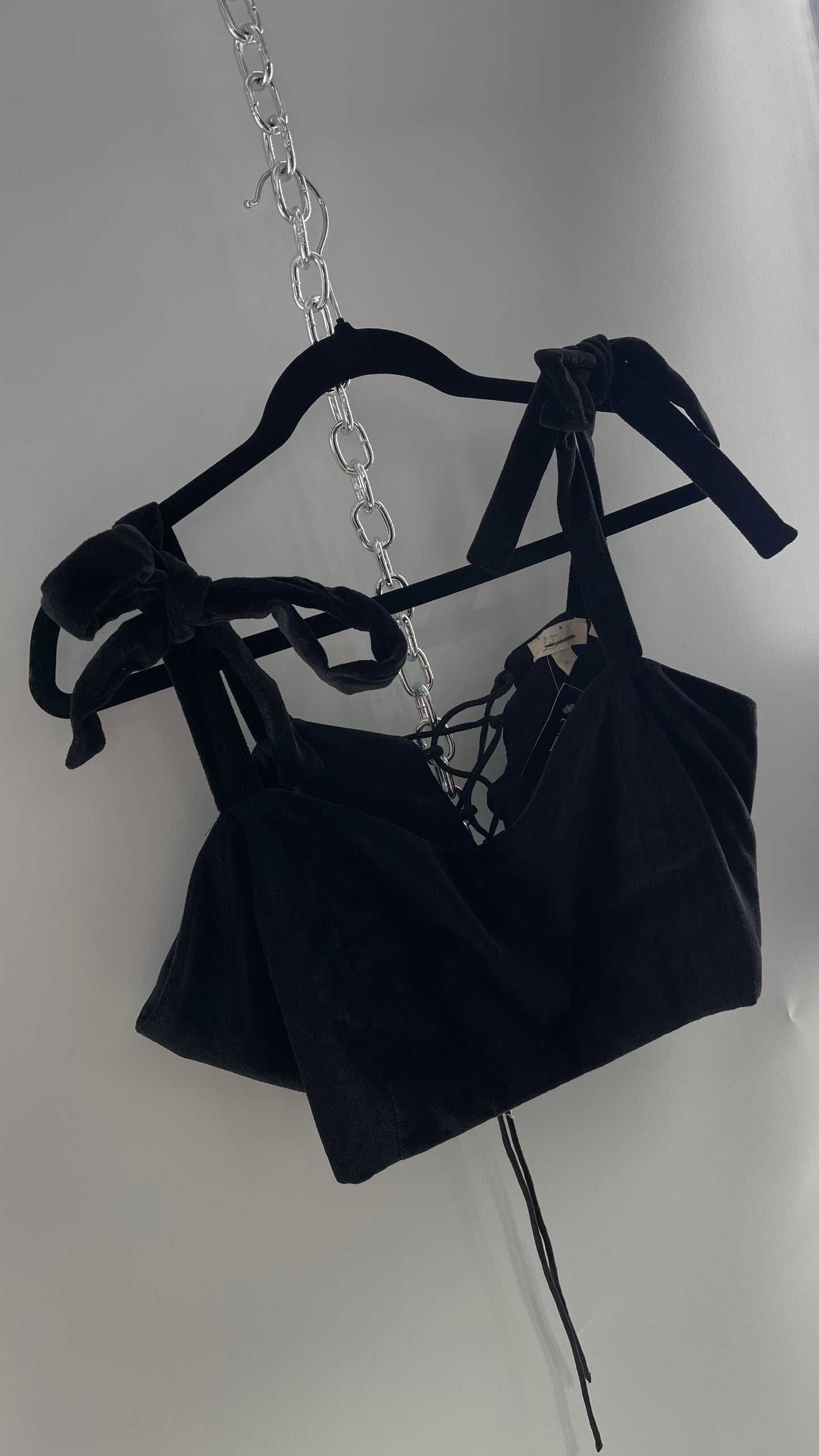 Letmebe Anthropologie  Black Velvet Cropped Tank with Delicate, Romantic Tie Shoulders and Lace Up Back (XL)