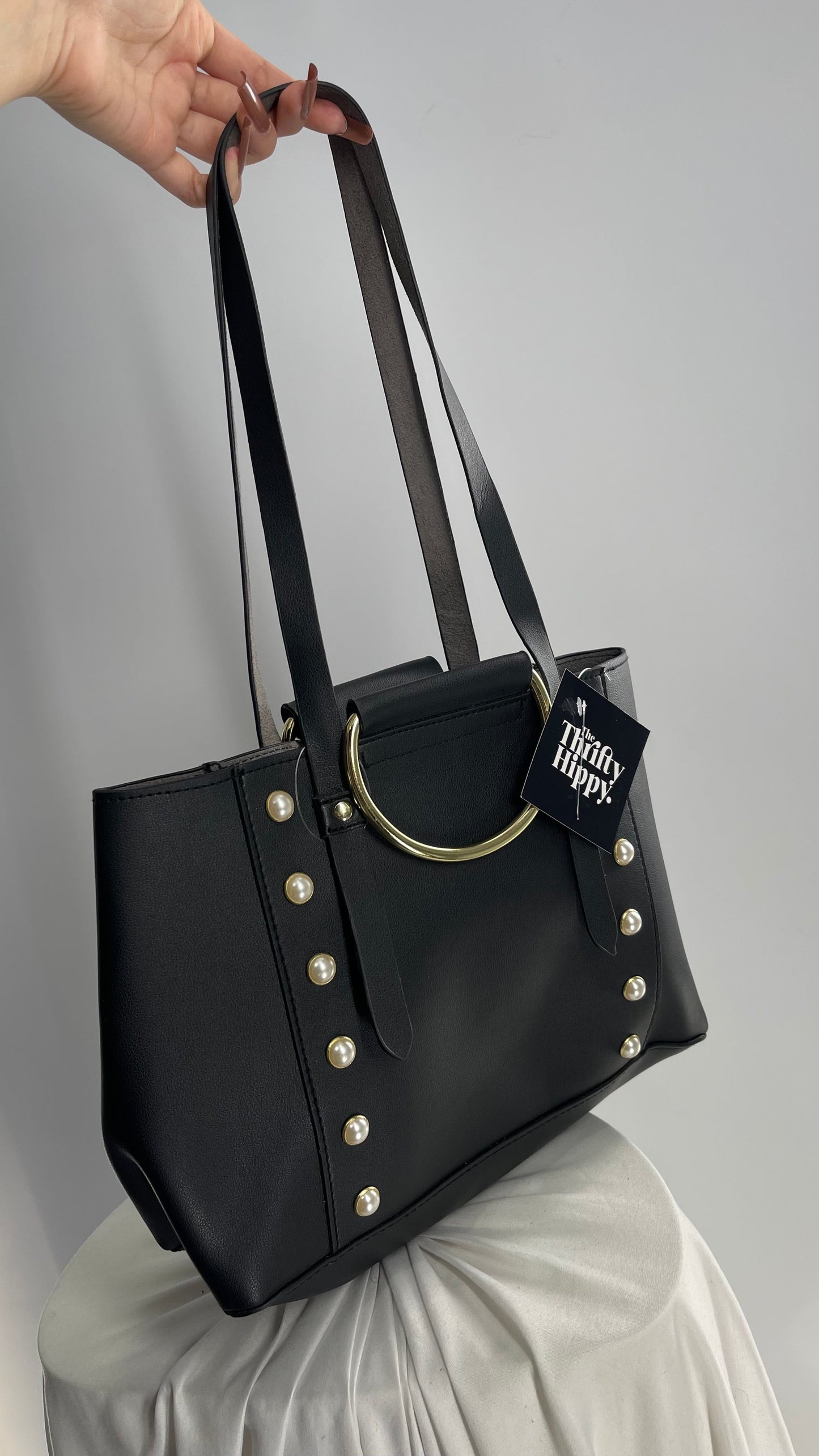 Black Vegan Leather Dual Size Purse Set with Pearl Studs