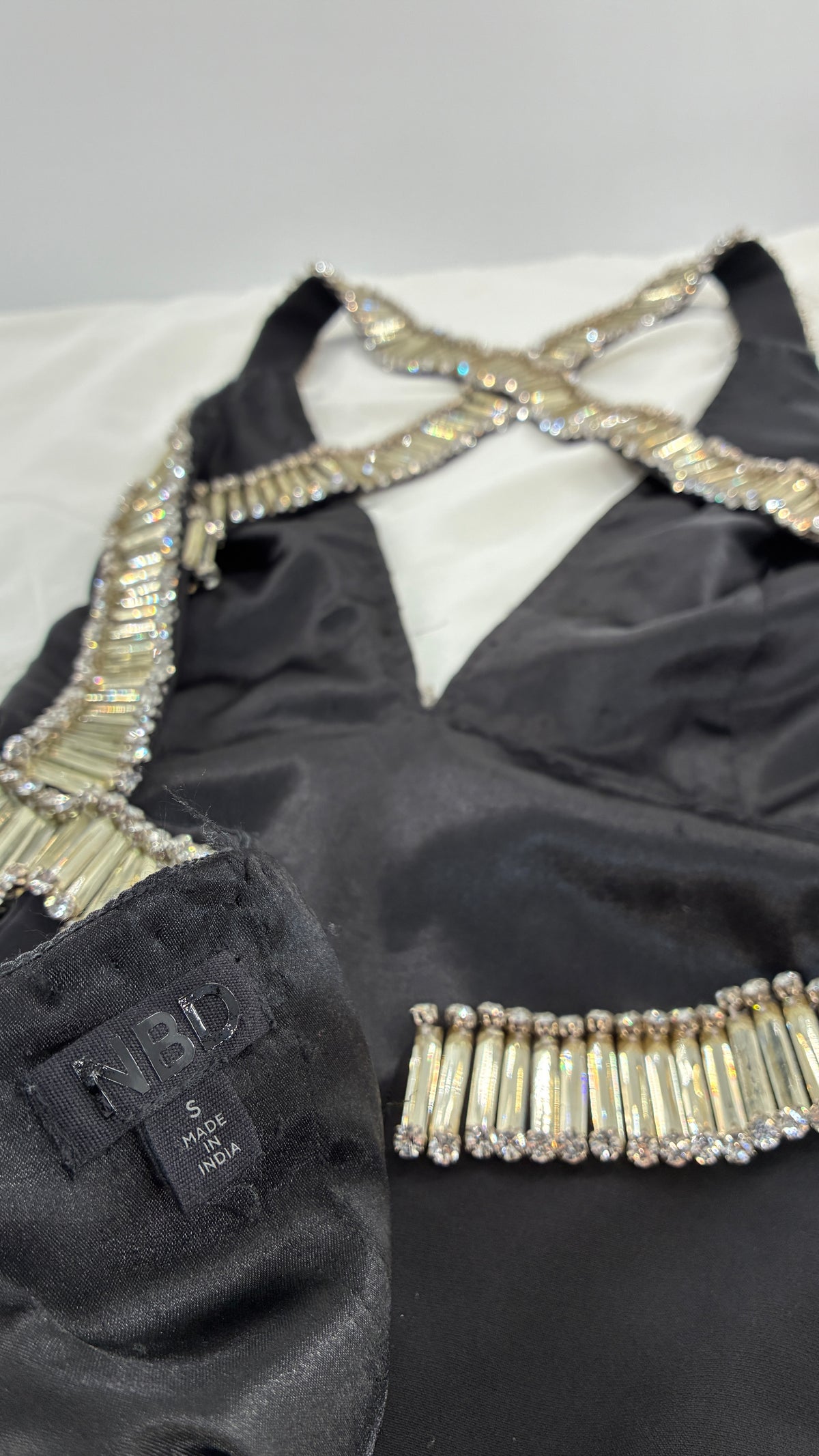 Vintage NBD Black Halter Dress Lined in Oversized Stones and Crystals (Small)