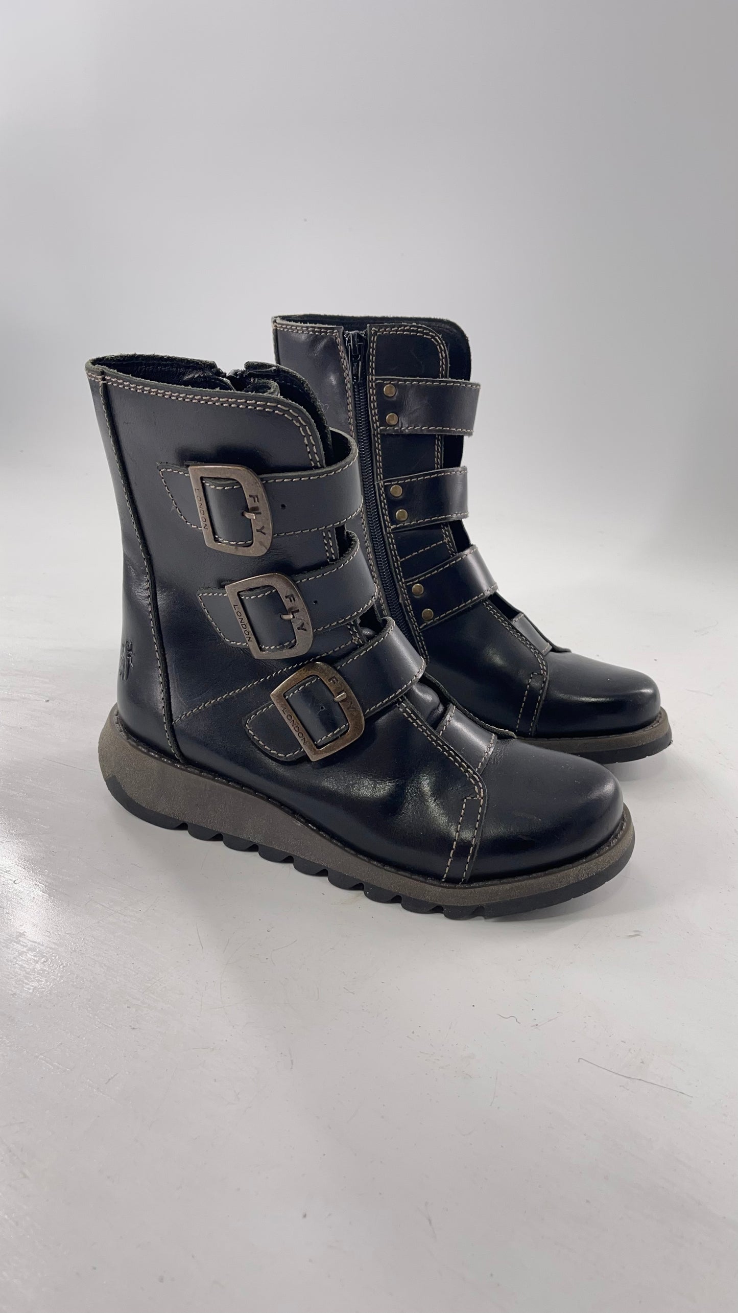 Fly London Black Zipper Side Biker Boot with Oversized Brass Buckles (38)