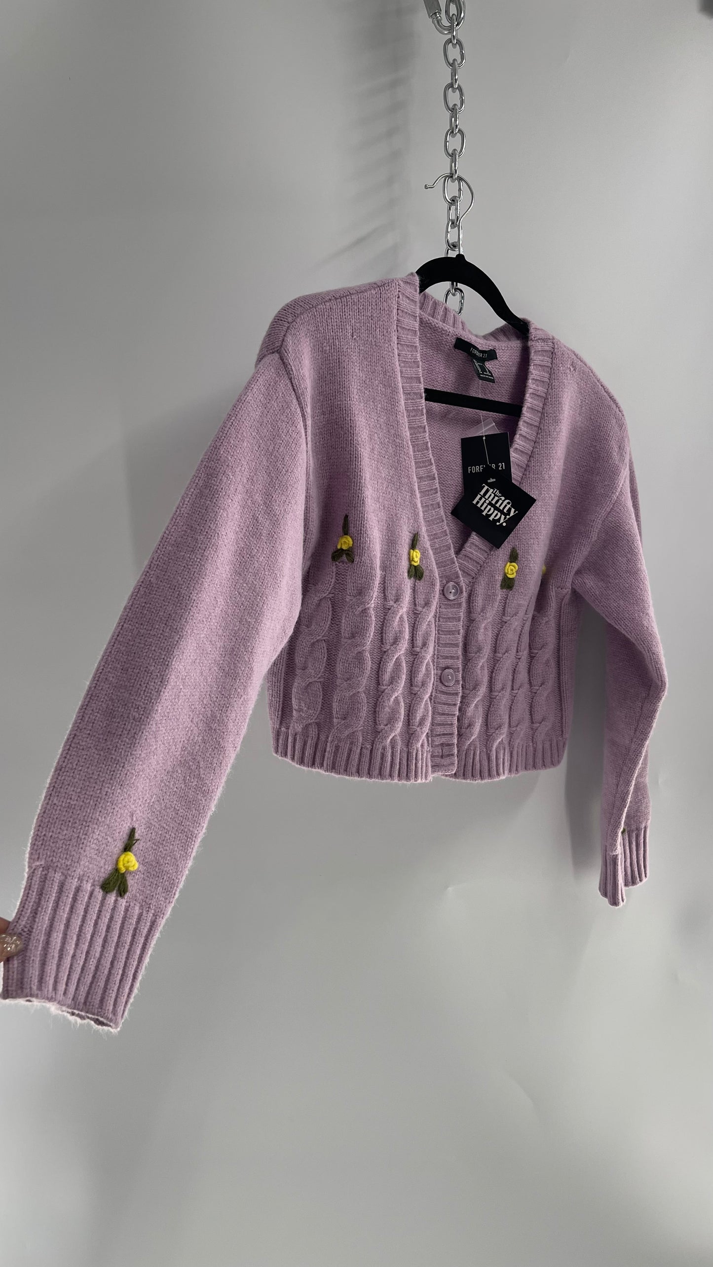 Lilac Thick Knit Cardigan with Tiny Yellow Rosettes and Tags Attached (Medium)