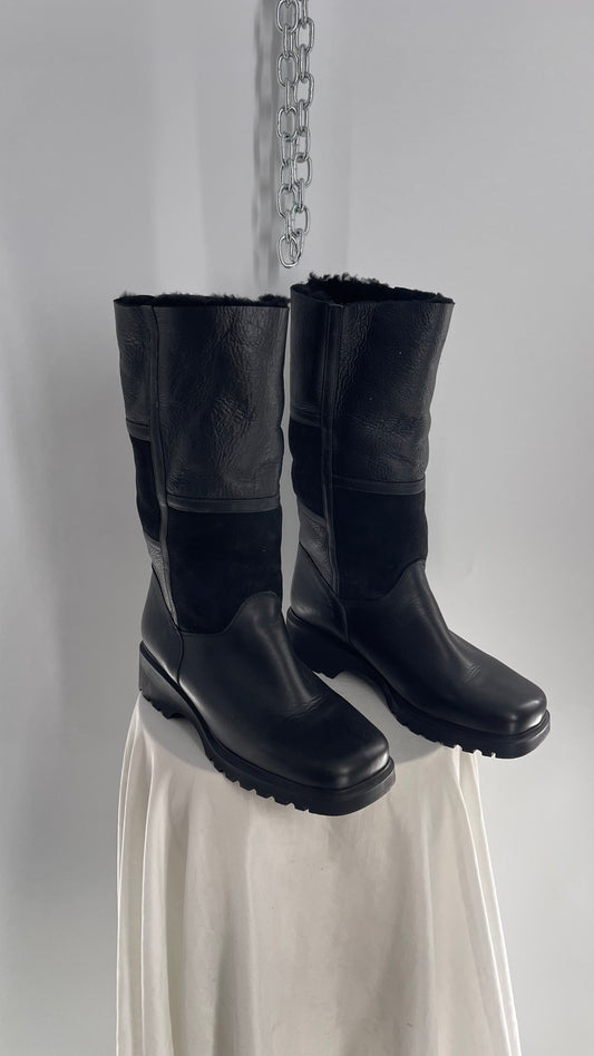 Vintage 1990s LA CANADIENNE Mixed Panel Suede and Patent Leather, Square Toe, Fur Lined Boots (10)