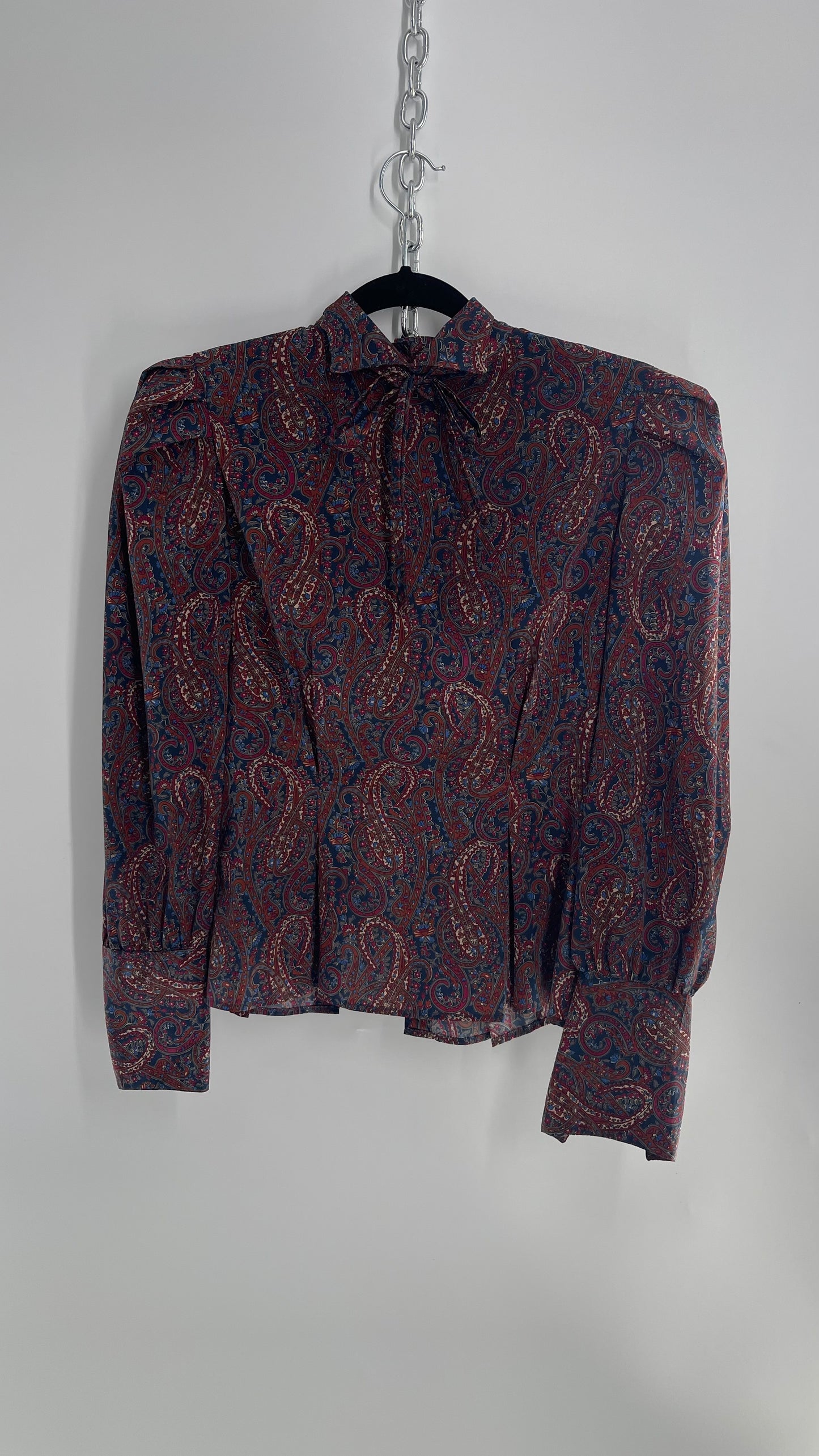 Vintage First Glance Paisley Balloon Sleeve, Sculpted Waist, Tie Neck Blouse from El Salvador (9/M)