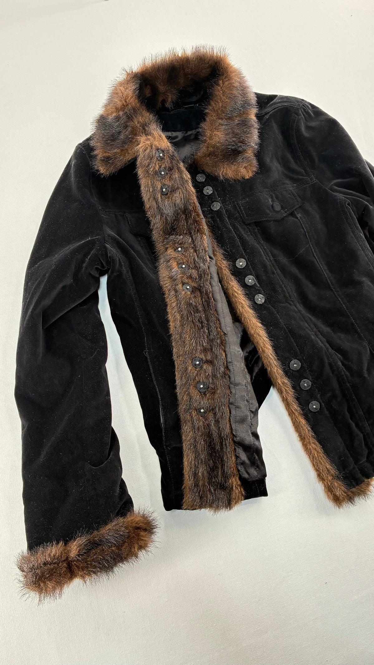 Vintage BLACK RIVET Velour Jacket with Vegan Fur Trim Collar and Cuffs (Large)