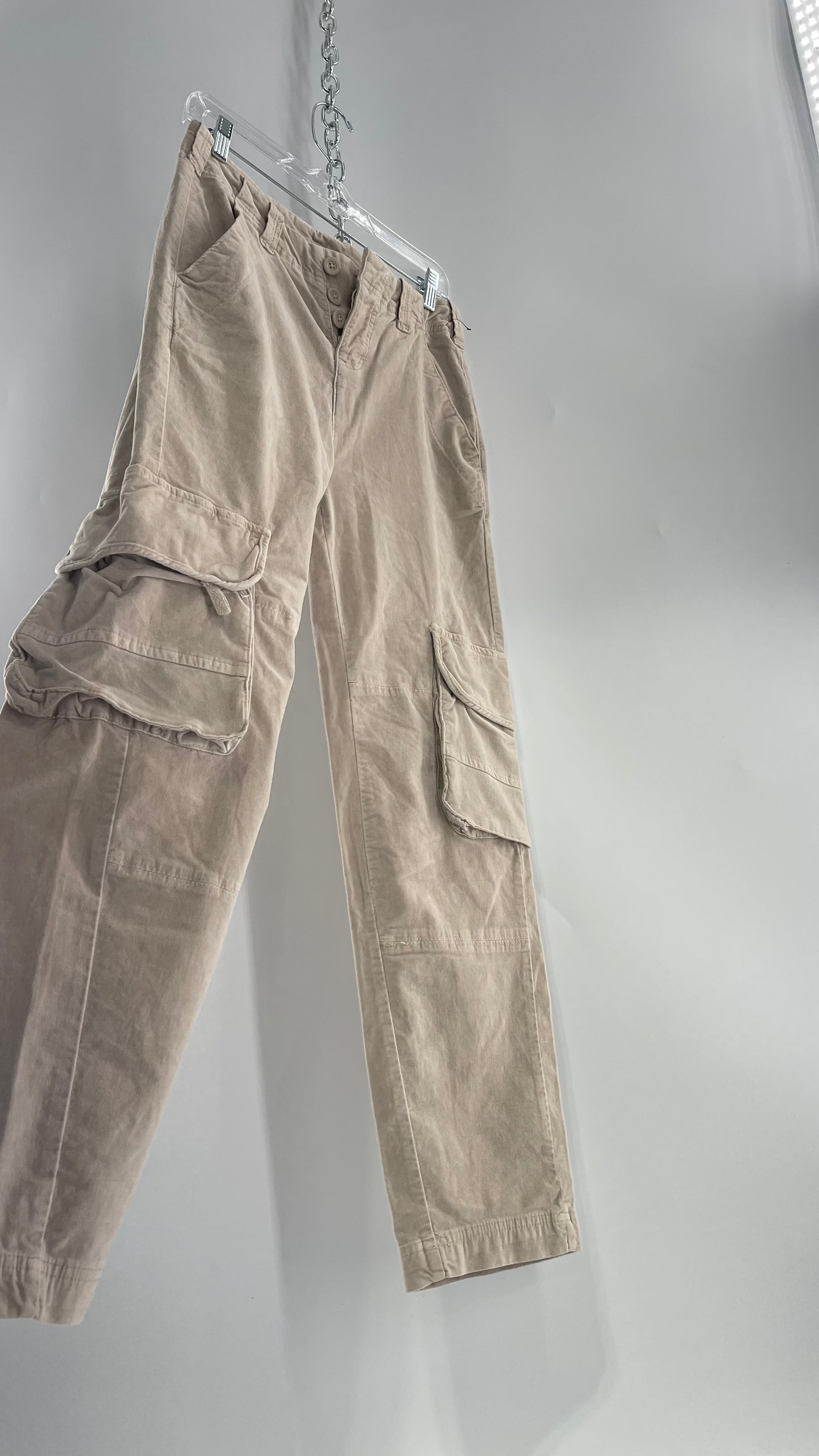 Free People Ultra Soft Velvet/Corduroy Gray/Beige Baggy Cargos with Side Pockets (2)