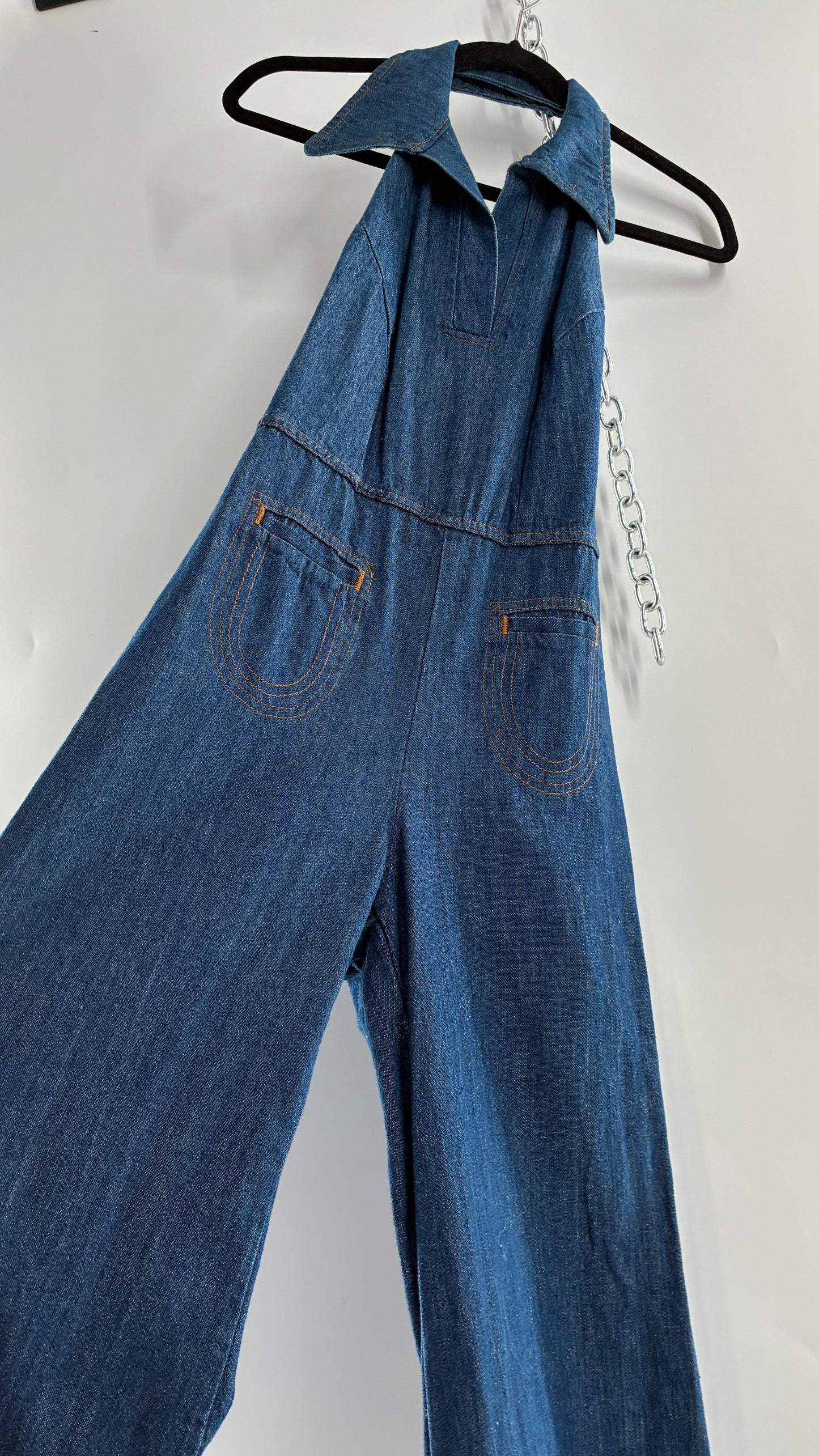 RARE Vintage 1970s Landlubber Medium Wash Denim, Sleeveless Halter, Wide Leg Bell Bottom, Jumpsuit (No Size on Tag, XS)