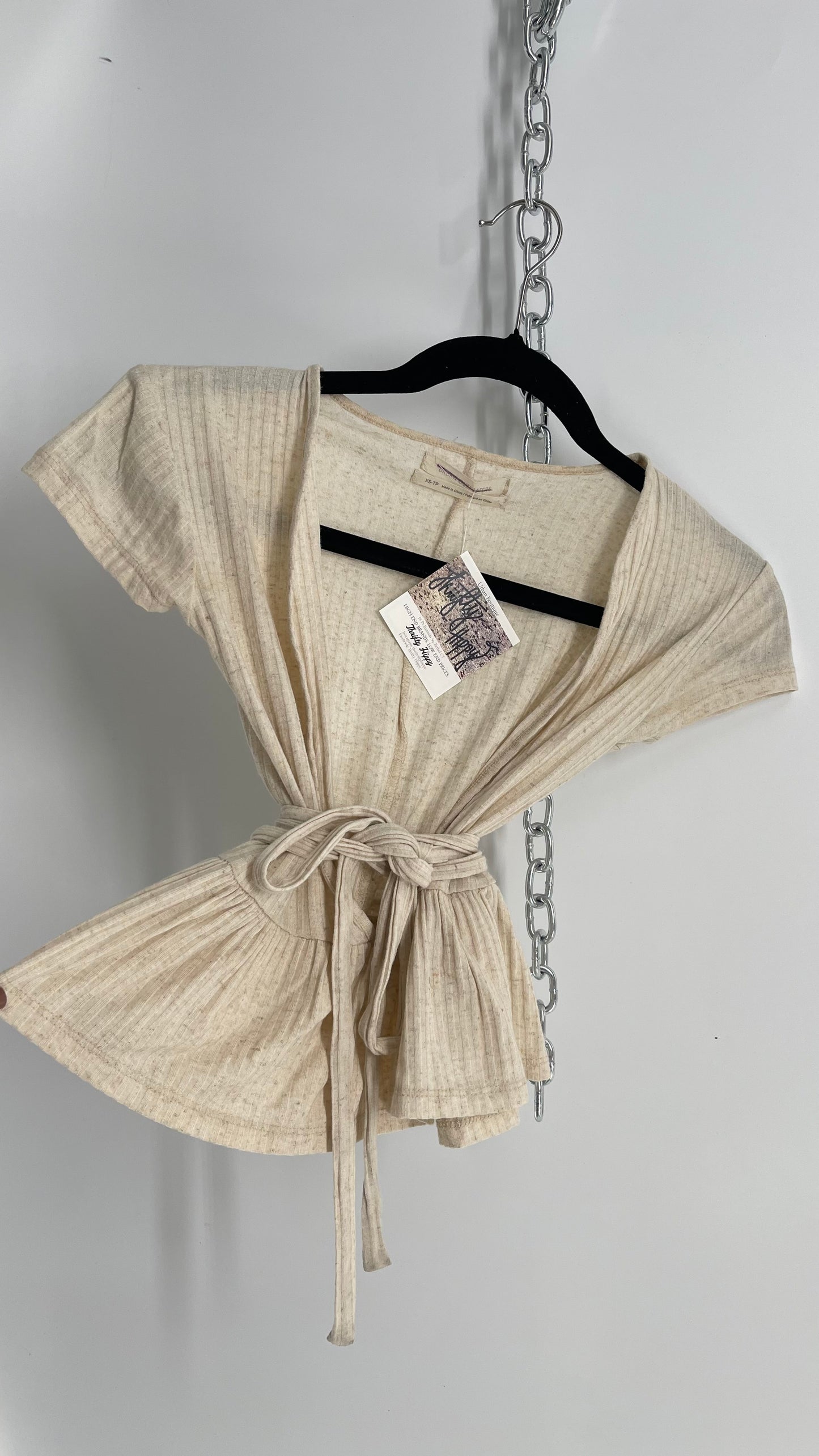 Urban Outfitters Oatmeal Beige Peplum Top with Waist Snatching Ties (XS)