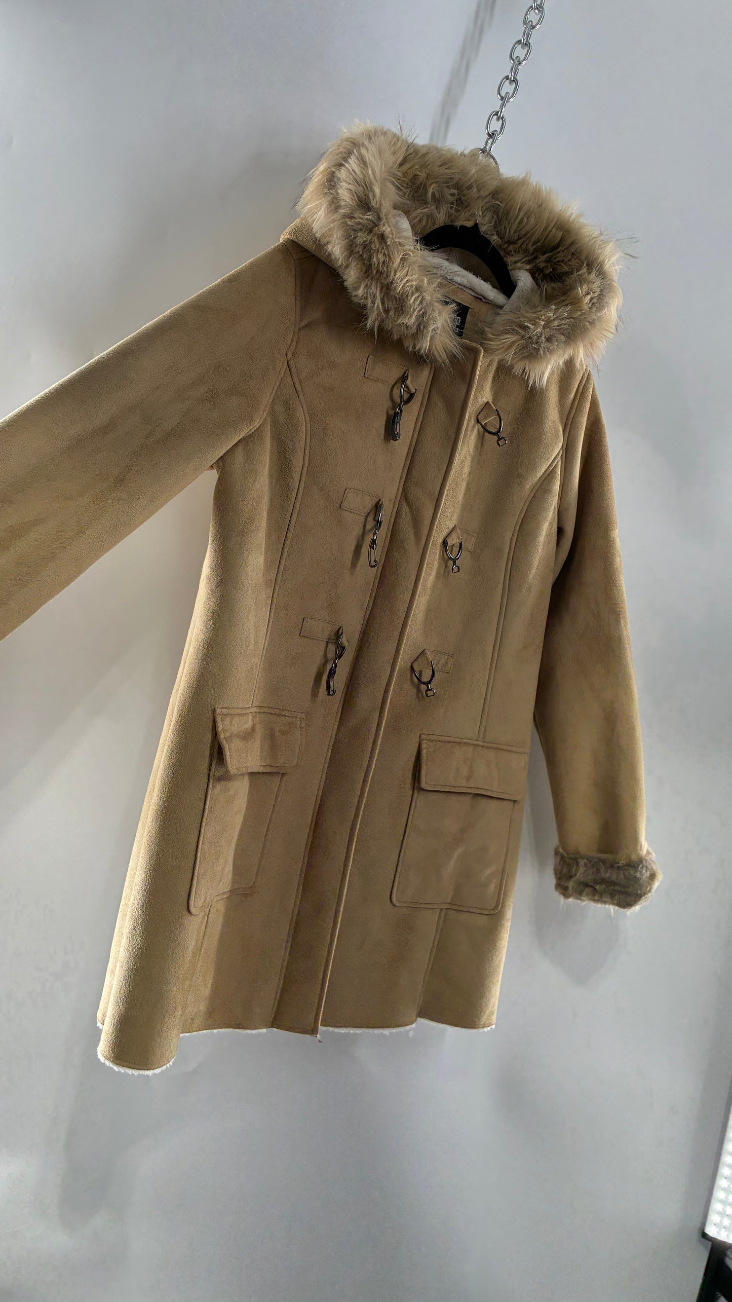 Deadstock Vintage MONROE AND MAIN Vegan Suede Coat with Fur Cuffs and Hood, Tags Attached (Medium)