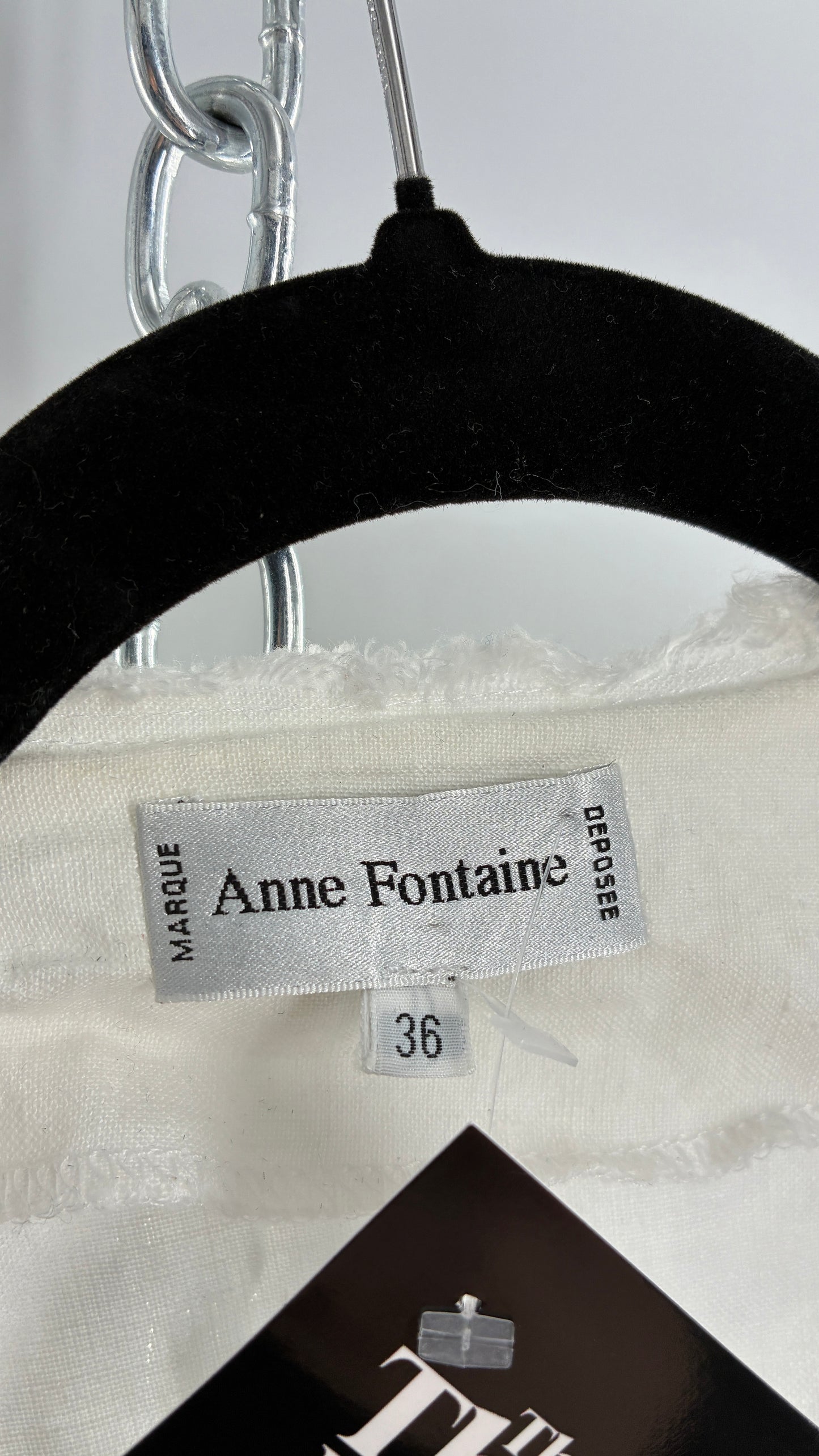 Vintage ANNE FONTAINE Off White Linen Woven Button Up Blouse with Back Corseting, Pearlescent Shell Buttons, and Rosette Details (36)