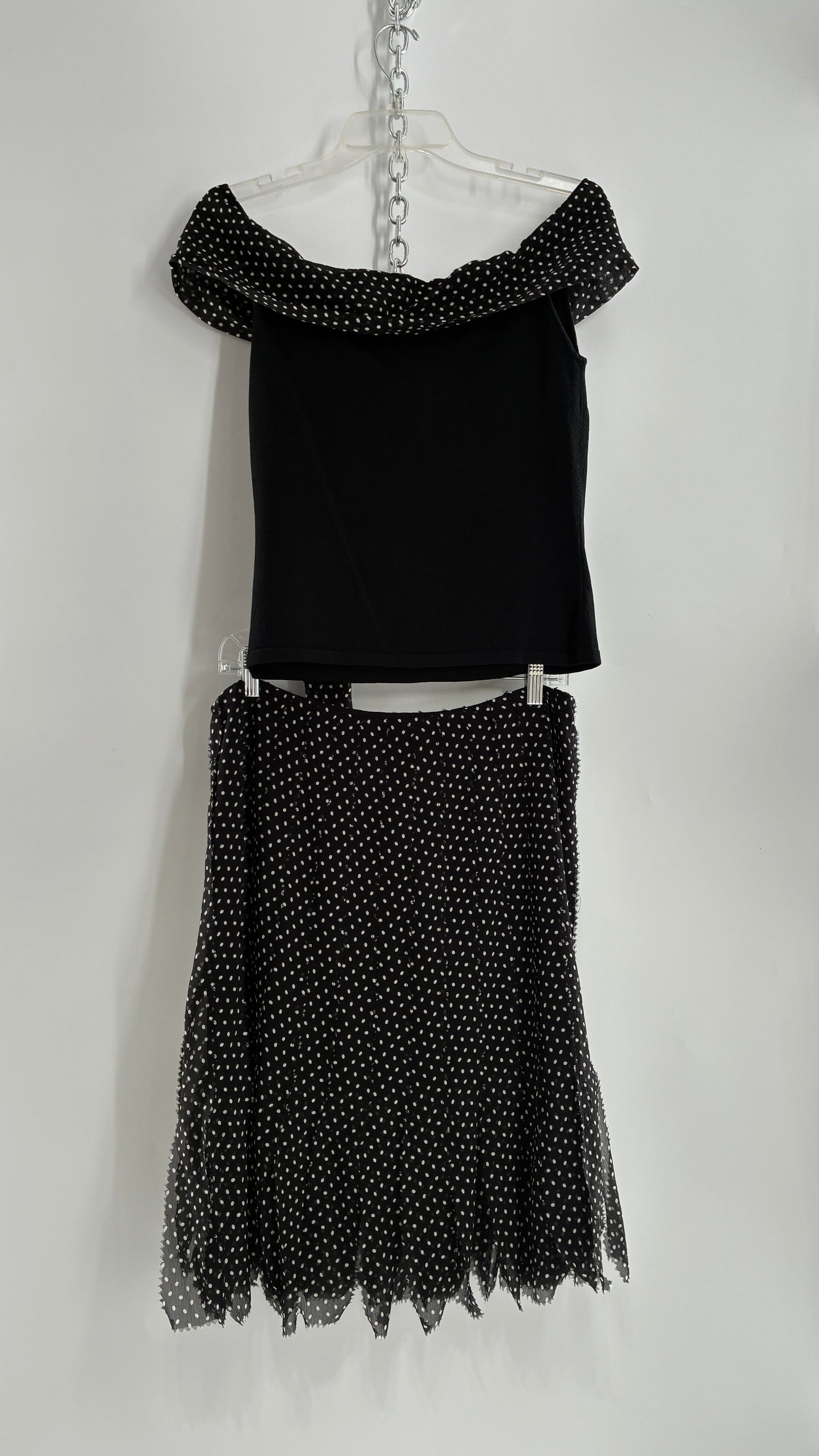 Vintage DANA BUCHMAN 100% Silk Polka Dotted Fringe Skirt and Off the Shoulder Top (Medium)