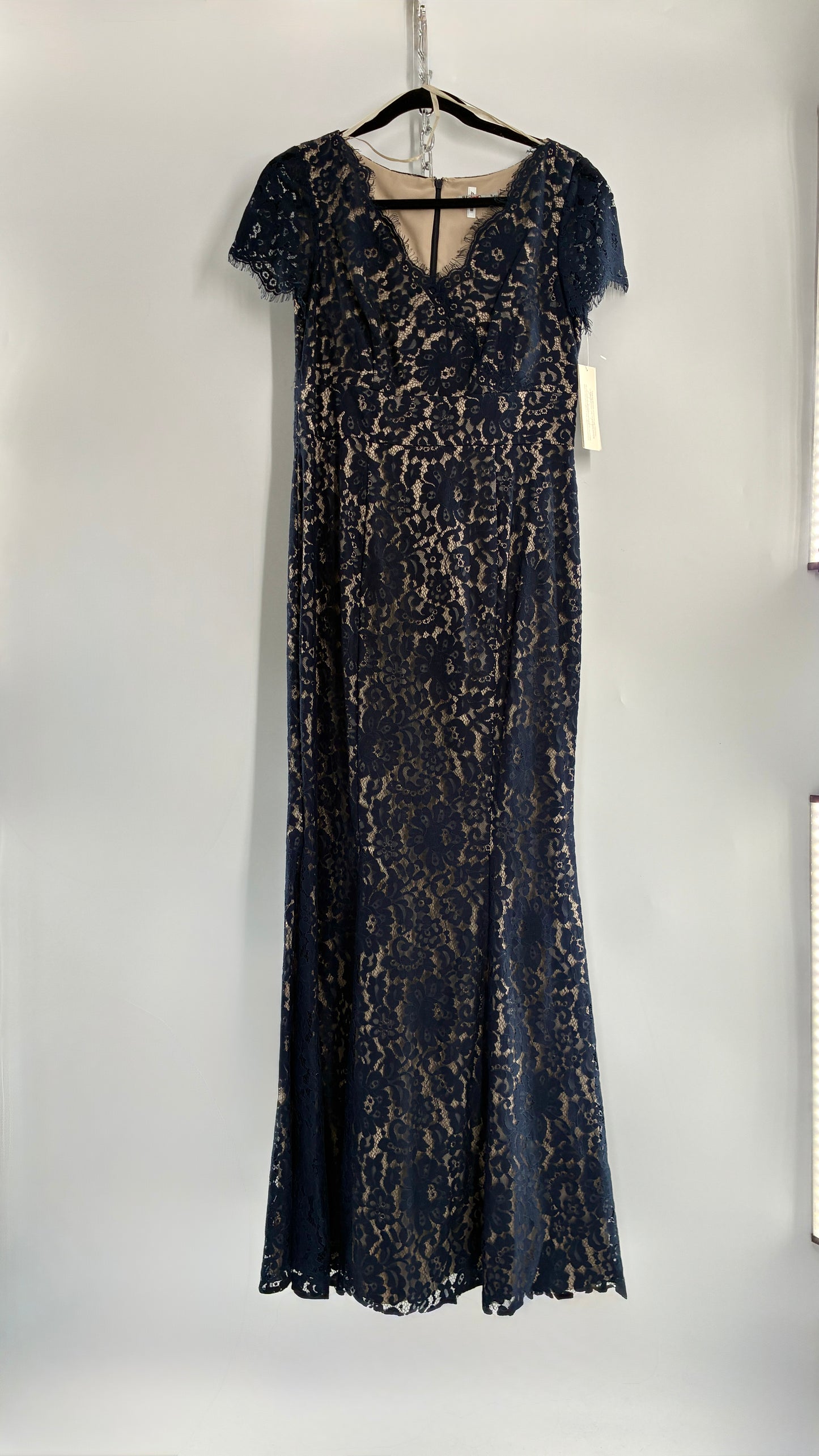Deadstock Vintage ELIZA J Navy Blue Overlay Lace Full Length Mermaid Style Gown (8)