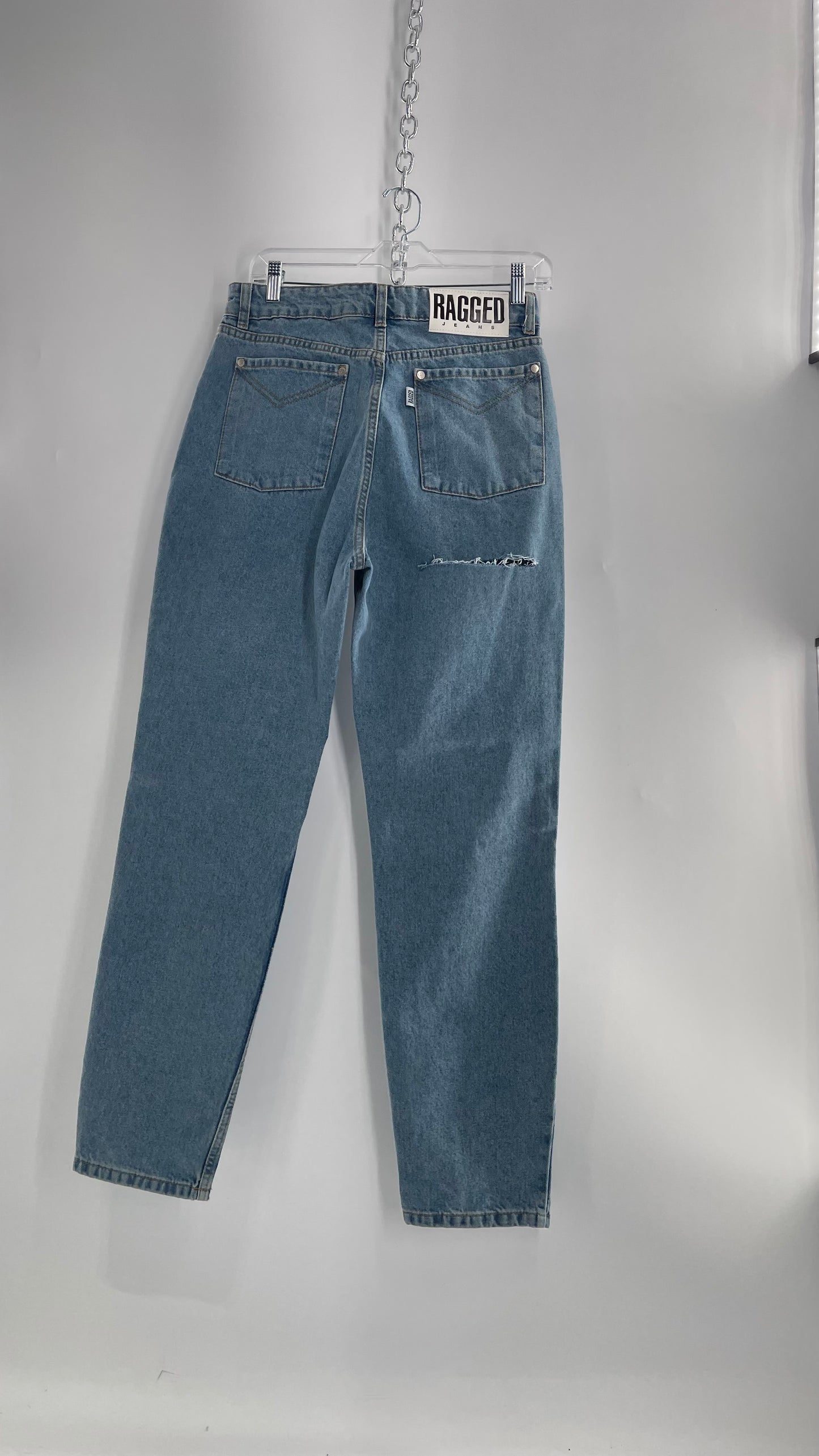 RAGGED PRIEST Free People Light Wash High Waisted Mom Jeans with Bum Tear with Tags Attached (30)