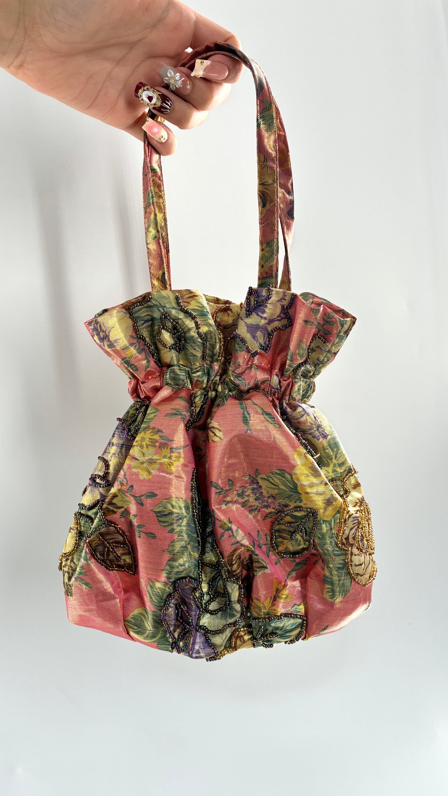 Vintage Metallic Cinch Bag with Beaded Florals