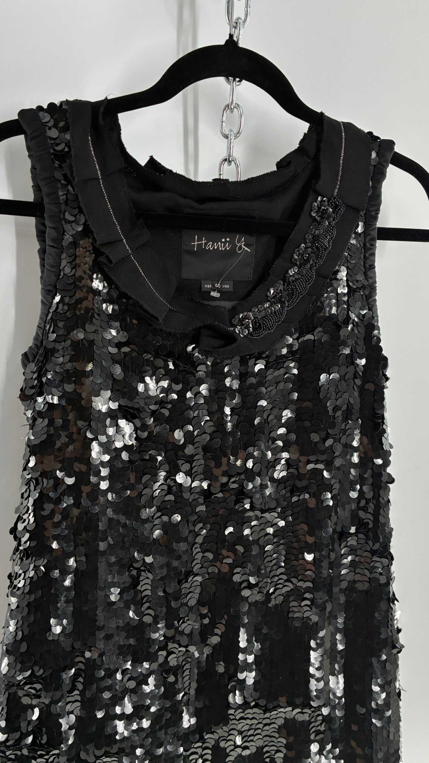 HANII Y. Black Sequin Mini Dress with Beaded, Pleated Ribbon Neckline and Bubble Hem (40)
