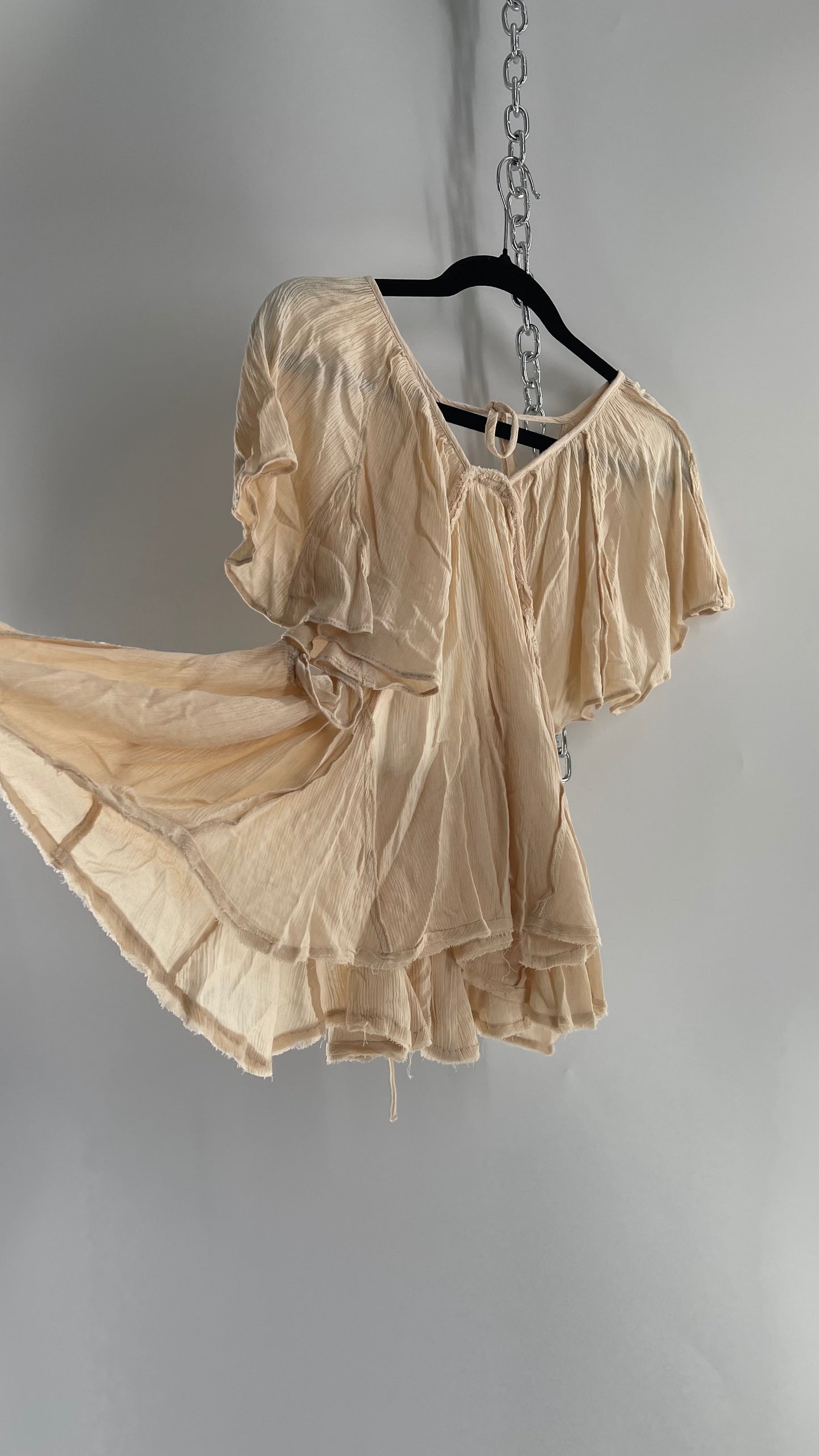 Free People Beige Open Back Drape Sleeve Blouse (XS)
