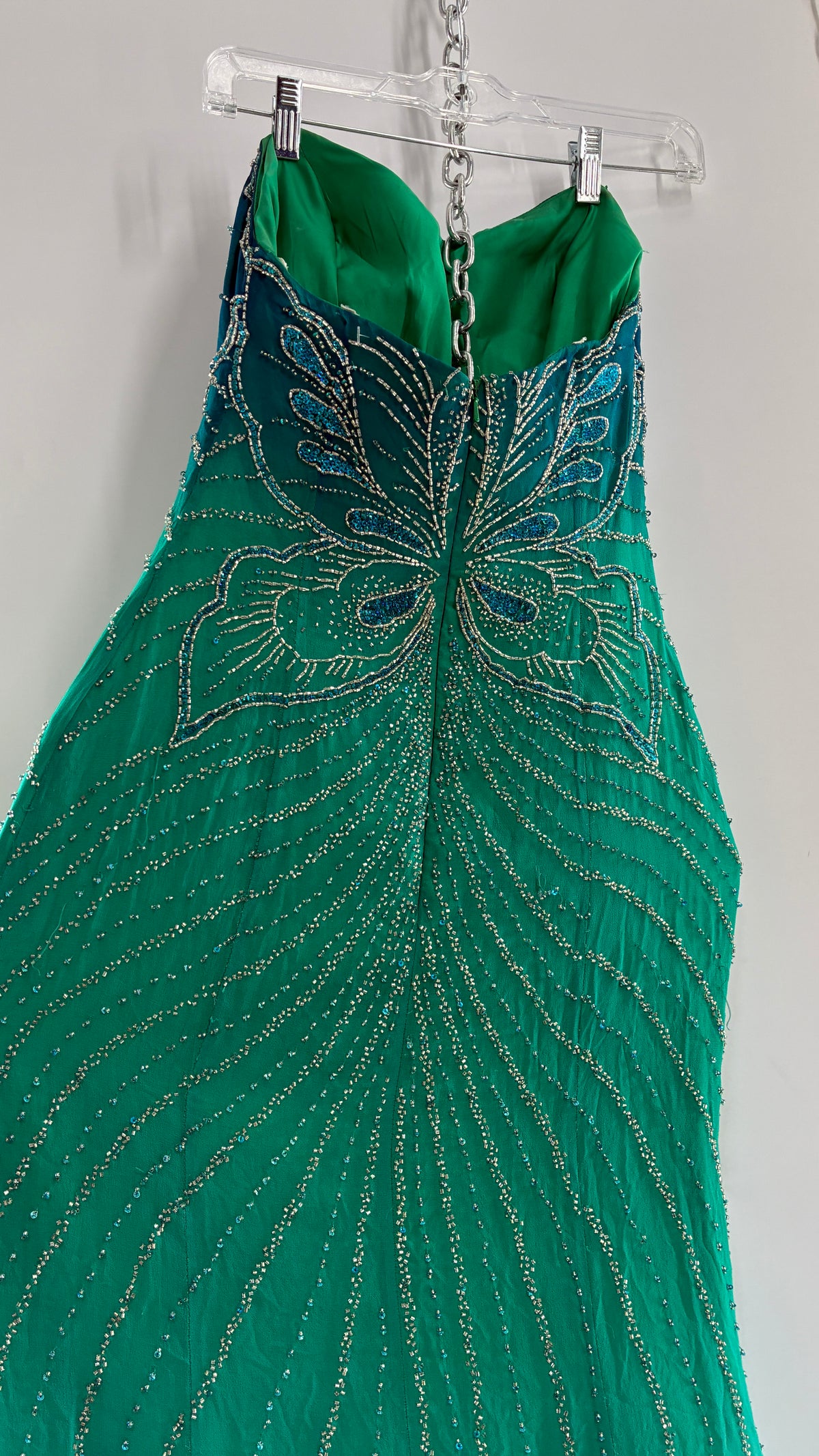 Vintage 1990s STUDIO17 100% Fully Beaded Silk Aquamarine Butterfly Dress (8)
