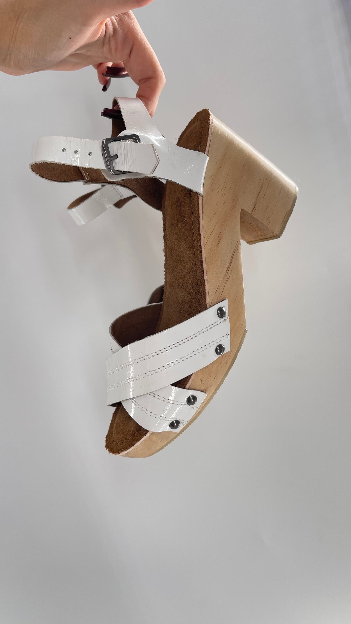 Urban Outfitters White Patent Clogs with Wooden Heel (6)