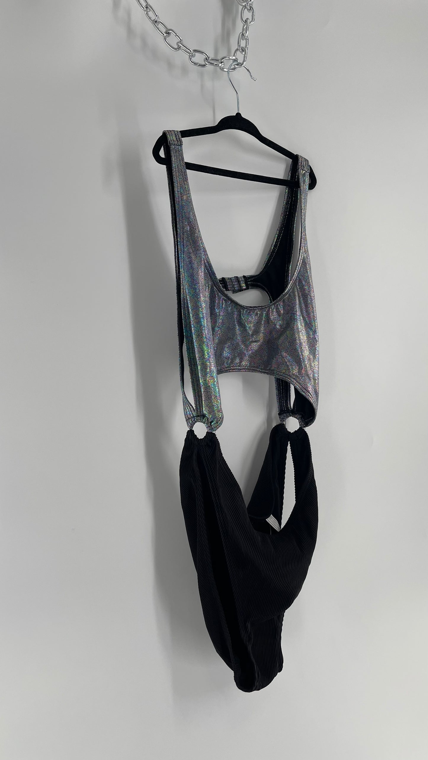 Urban Outfitters Out From Under Bathing Suit Metallic Gas Spill Top and Ribbed Black Bottom Connected by Rings (Large)