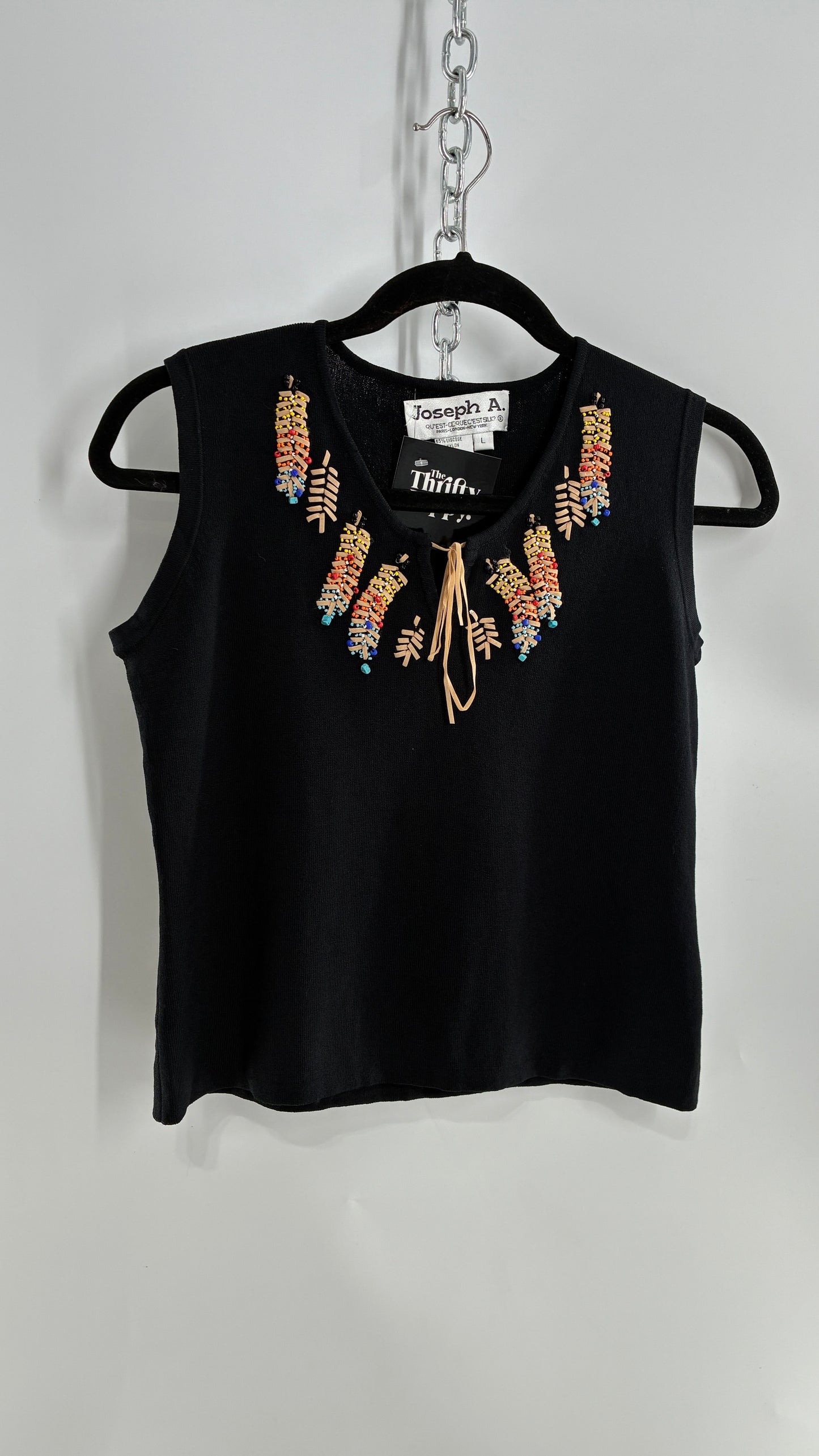 Vintage 1990s JOSEPH A Beaded Feather Black Sleeveless Top (Large)