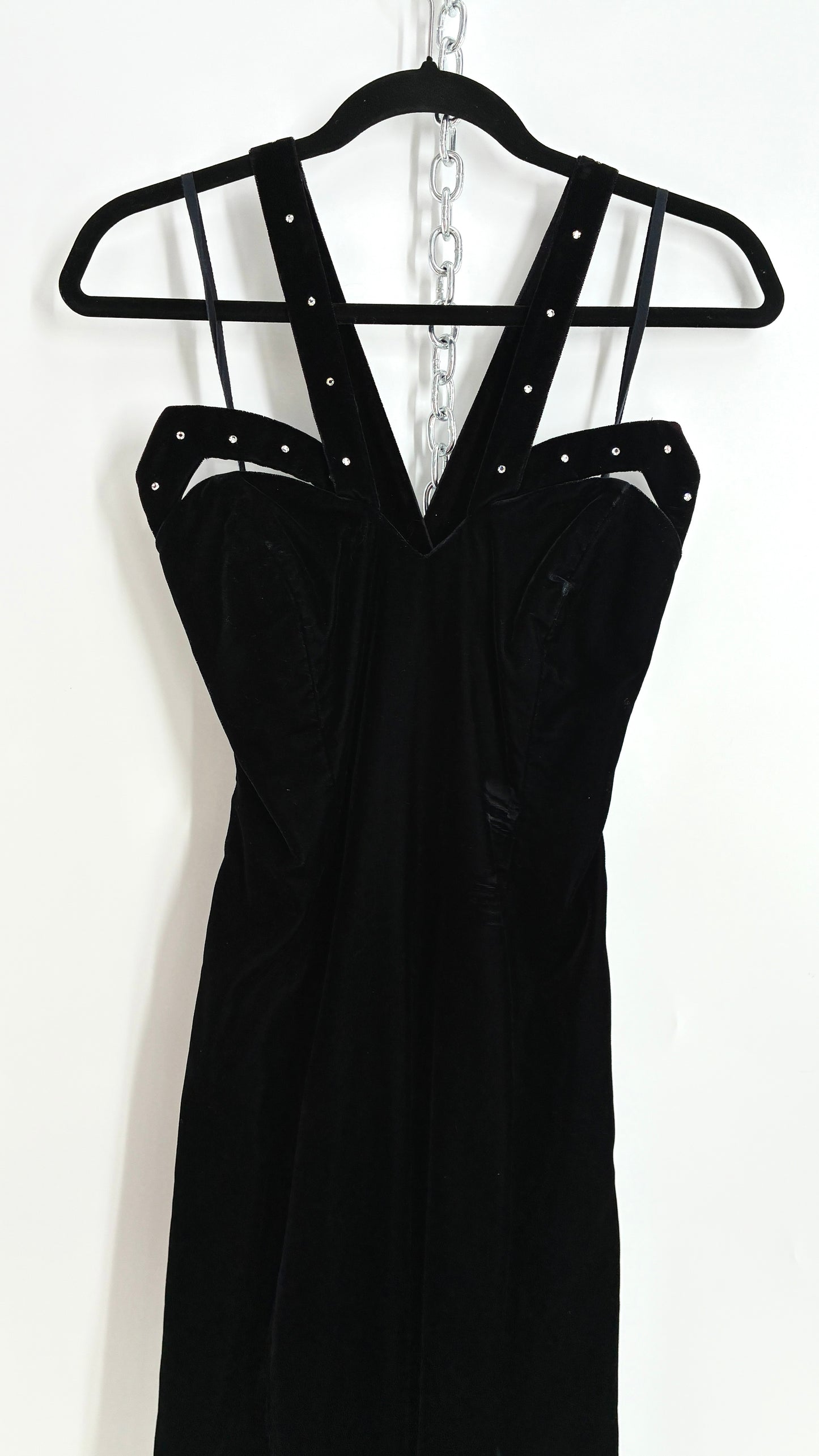 Vintage Handmade Velvet Gown with Pointed Bust Lined in Rhinestones and Dramatic Side Slit (S/M)