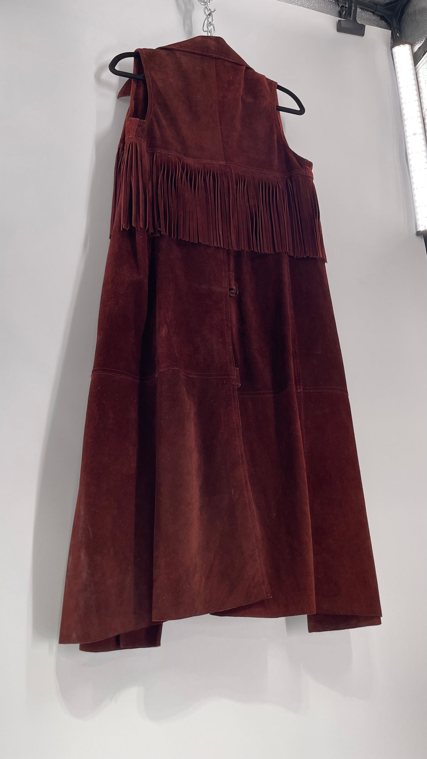 Vintage 1970s Suede Leather Full Length Reddish Brown Vest (S/M)