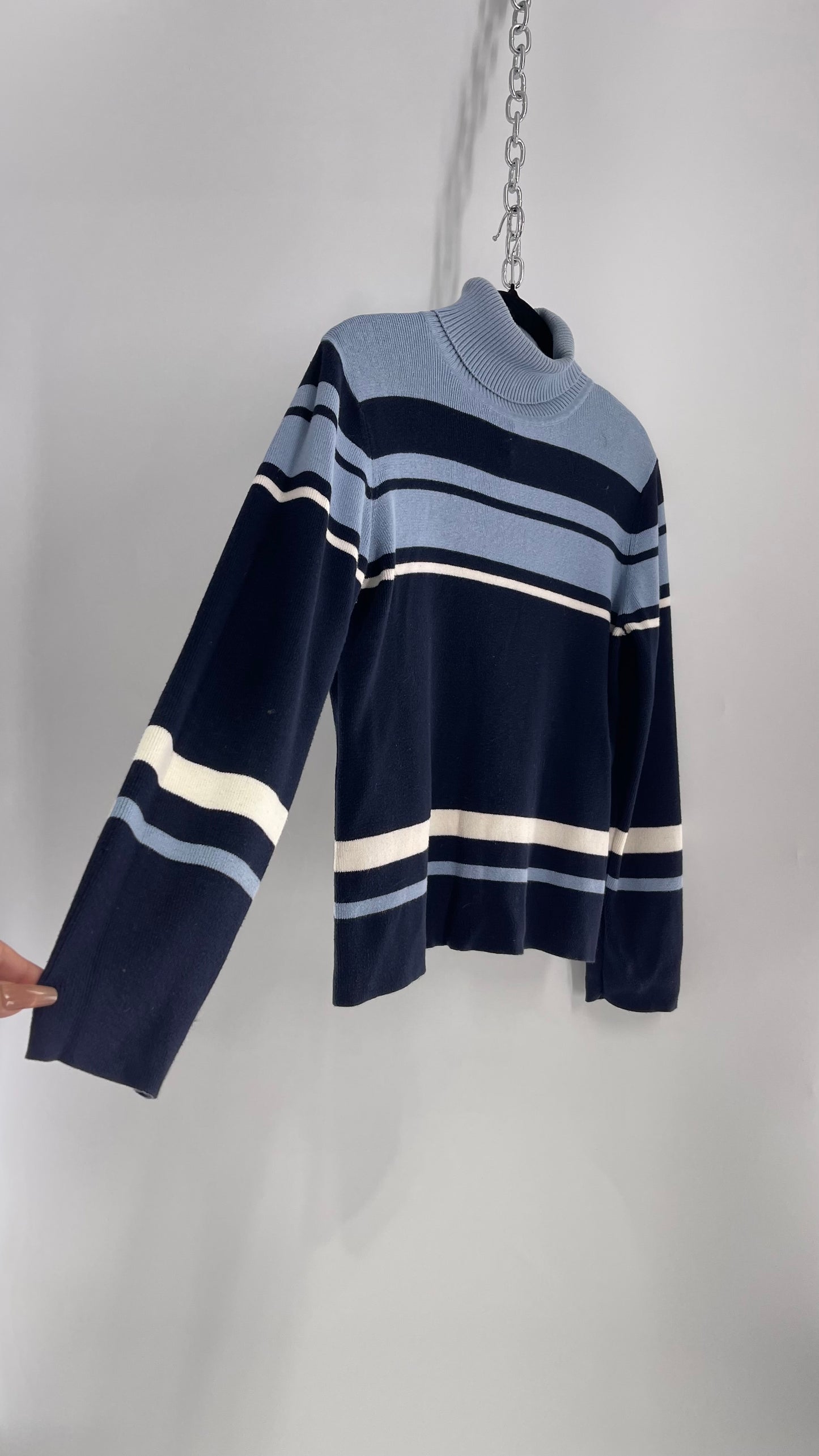 Vintage Style&Co Blue Striped Knit Turtleneck Sweater (Large)