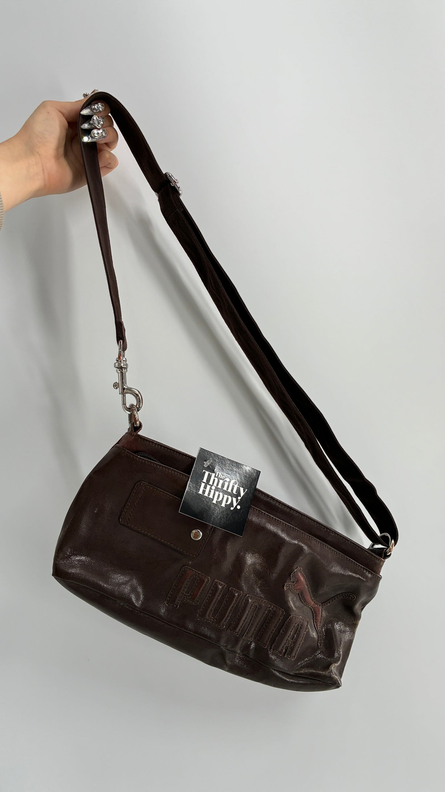 RARE Distressed Vintage PUMA Shoulder Purse, Brown W/ Iconic Logo