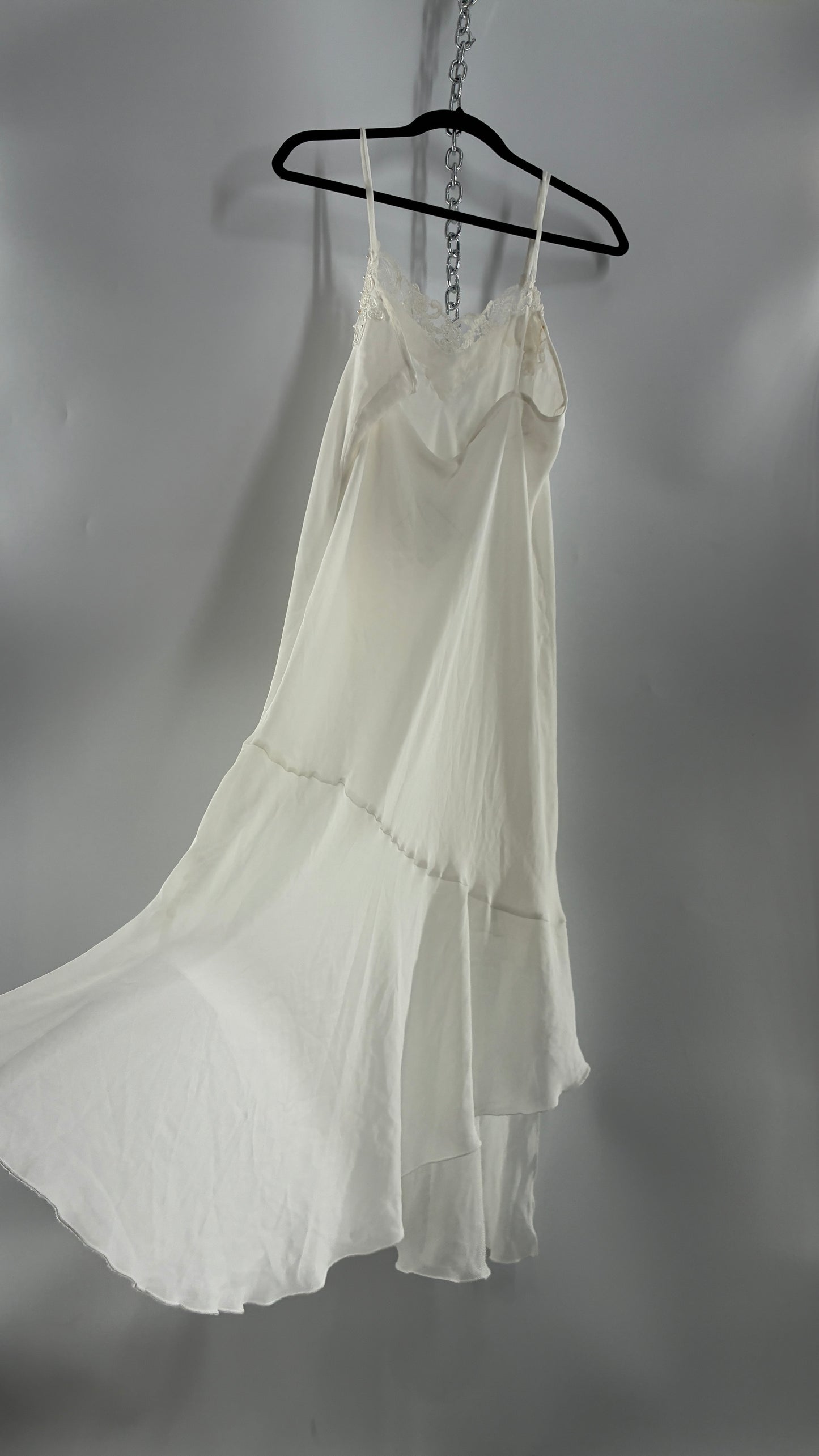 Vintage CALIFORNIA DYNASTY Ivory Maxi Slip Nightgown Dress with Sequin Neckline and Handkerchief Hem (Large)
