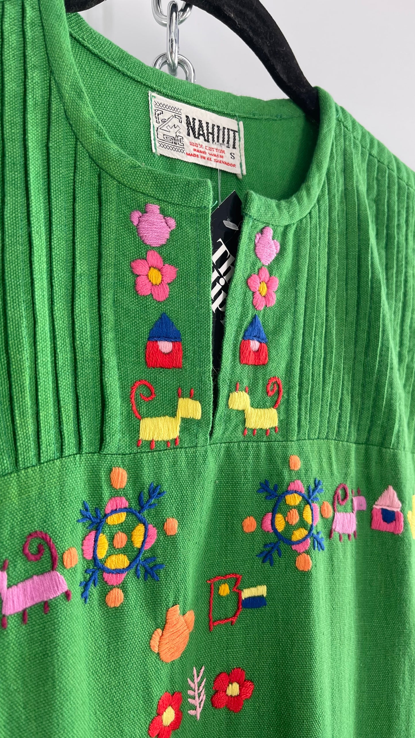 Vintage 1970s NAHUIT 100% Cotton, Kelly Green, Embroidered Tunic Dress Imported from El Salvador (Small)