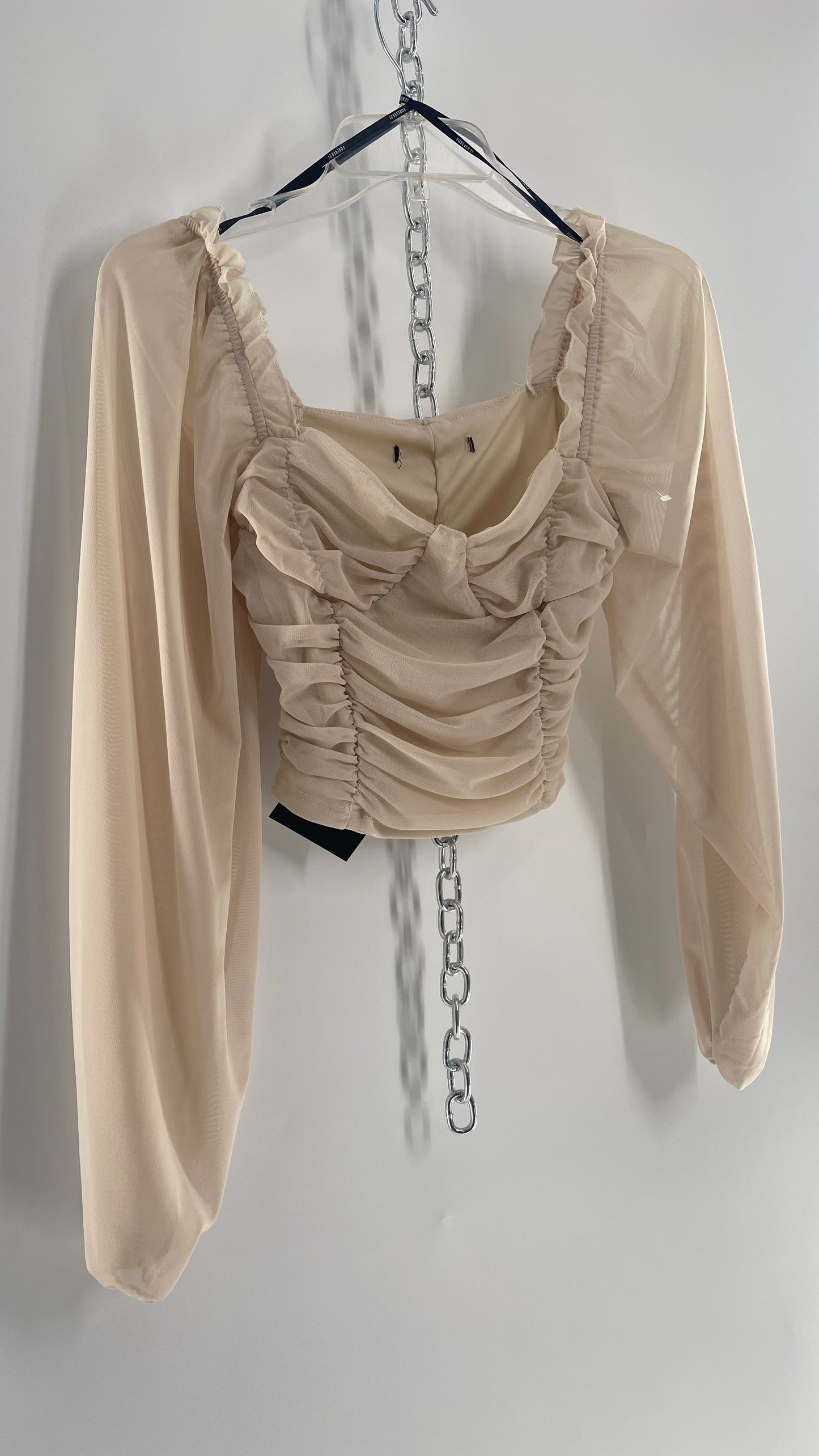 Beige Ruched Corseted Balloon Sleeve Blouse (Small)