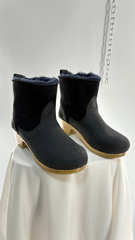Vintage SVEN Black Leather Clog Boot with Sherpa Lining (40)