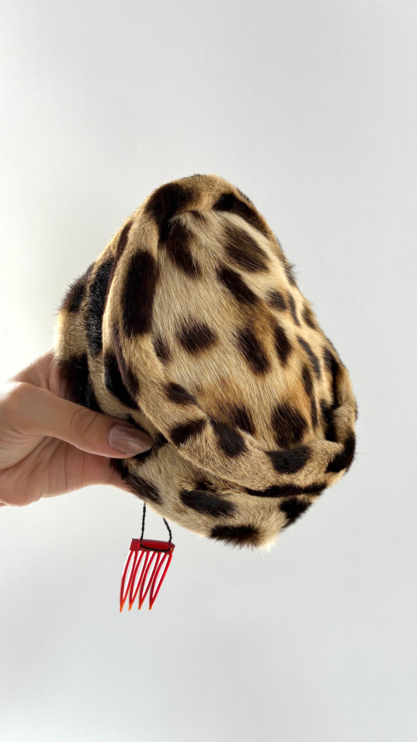 Vintage Cheetah Printed Genuine Fur Clip on Pill Box Hat