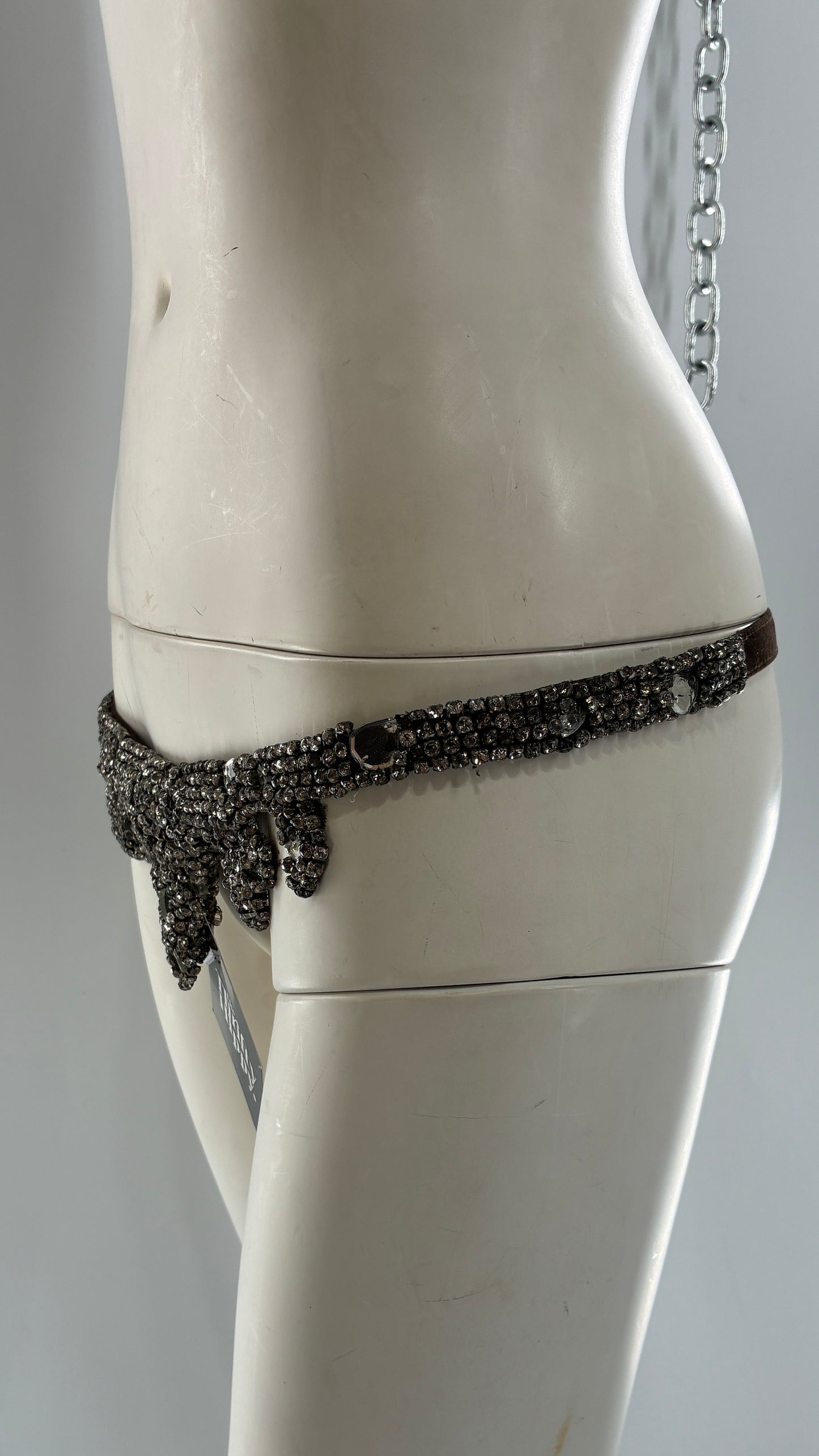 Vintage Brown Suede Leather Scalloped Belt Covered in Rhinestones and Heavy Ornate Beading