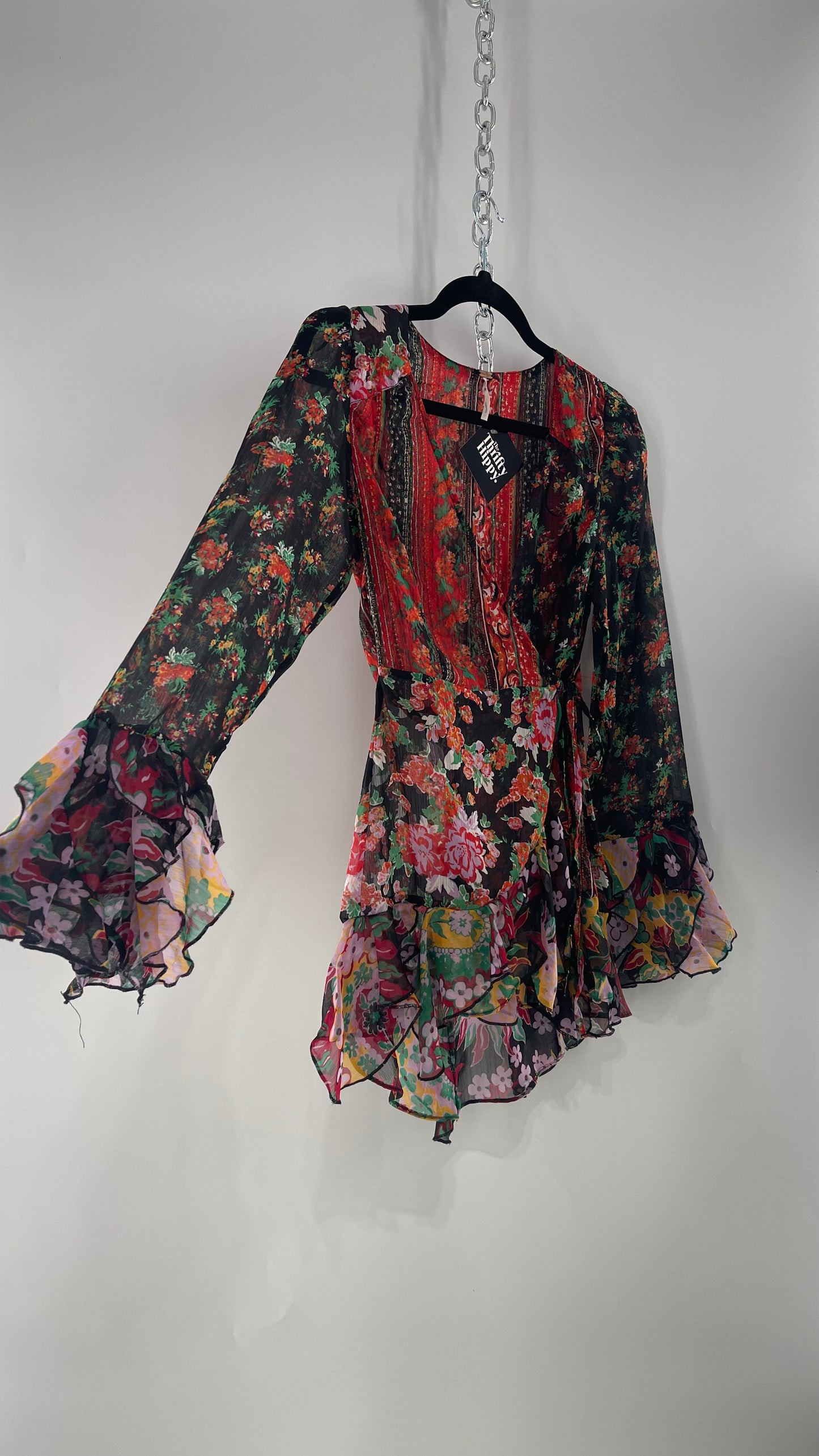 Free People Black Colorful Floral Tie Front Blouse with Ruffled Sleeves and Hem(XS)