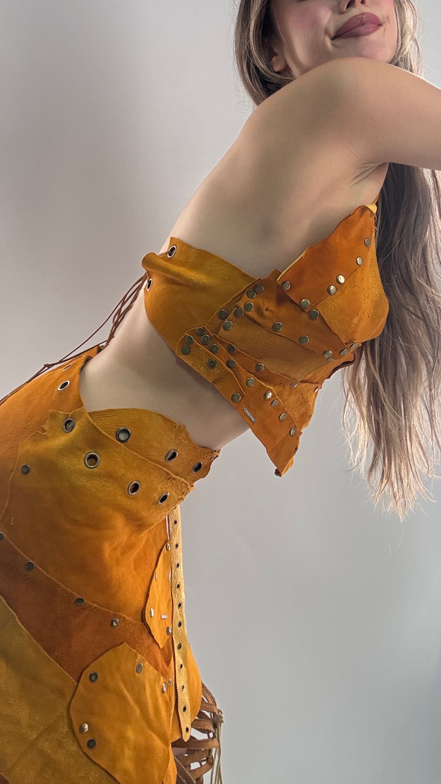 Handmade 1 of 1 and Pressed Genuine Suede and Pebbled Leather Reversible Corset Top and Grommet Skirt Set (XS-M)