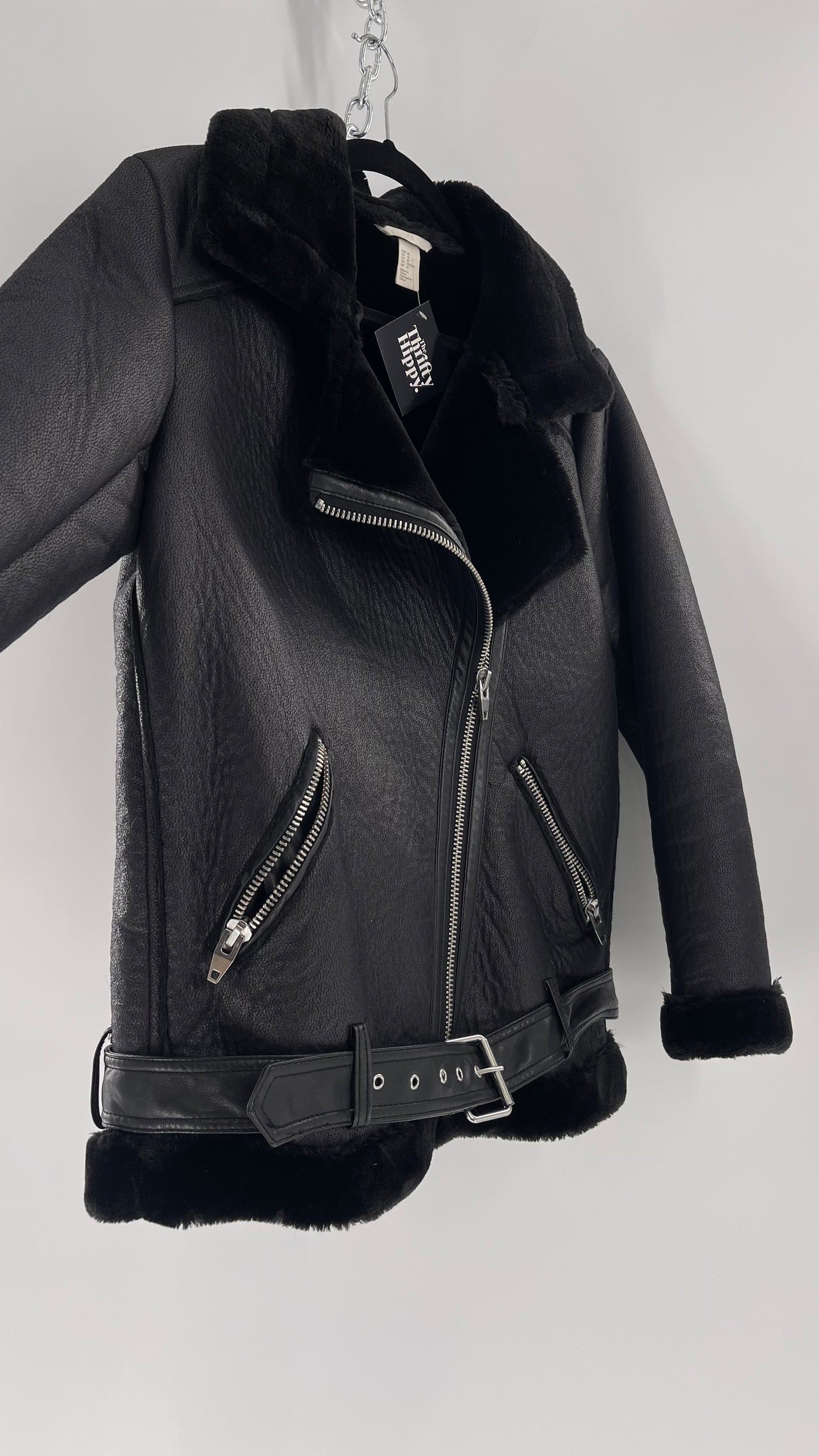 H&M (C) Black Faux Leather Moto Jacket with Faux Fur Lining (10)