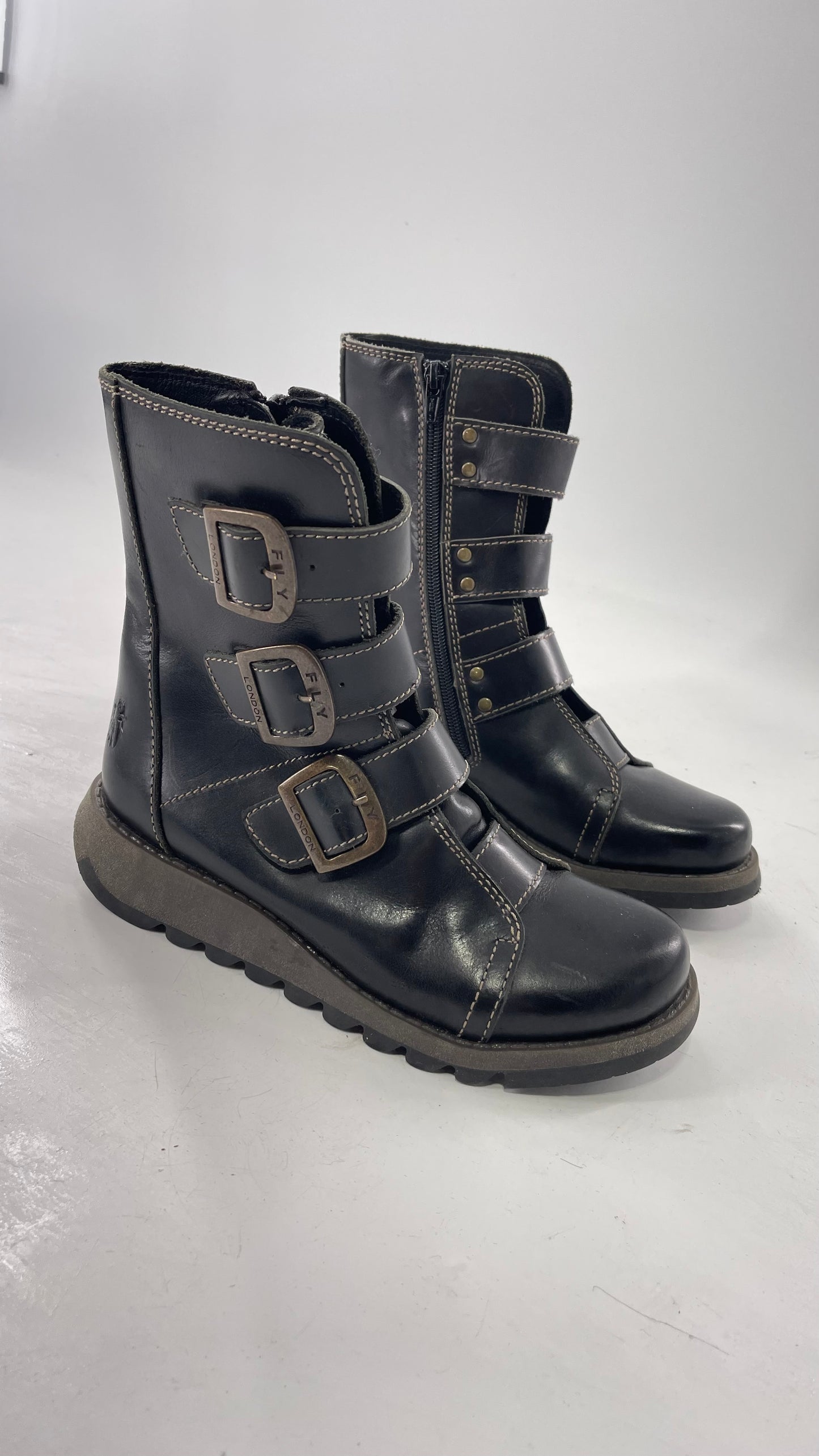 Fly London Black Zipper Side Biker Boot with Oversized Brass Buckles (38)