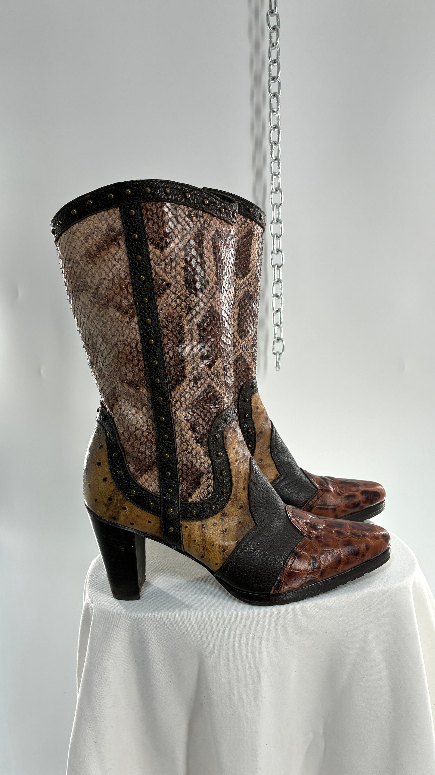Vintage STUART WEITZMAN Stampede Boots Ft Snake, Crocodile and Ostrich Embossed Leather (8.5)