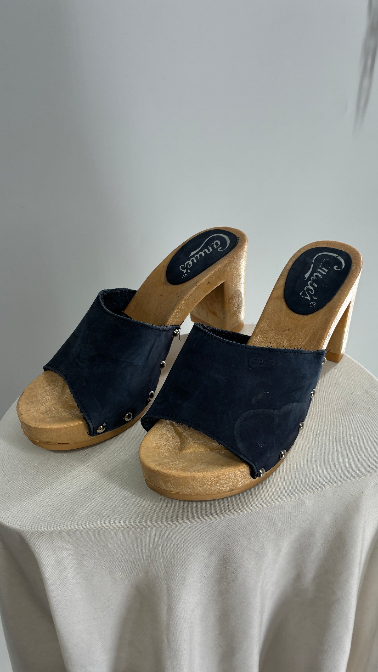 Vintage Candies 1980s Navy Blue HOT Side Studded High Heel Slides (8)