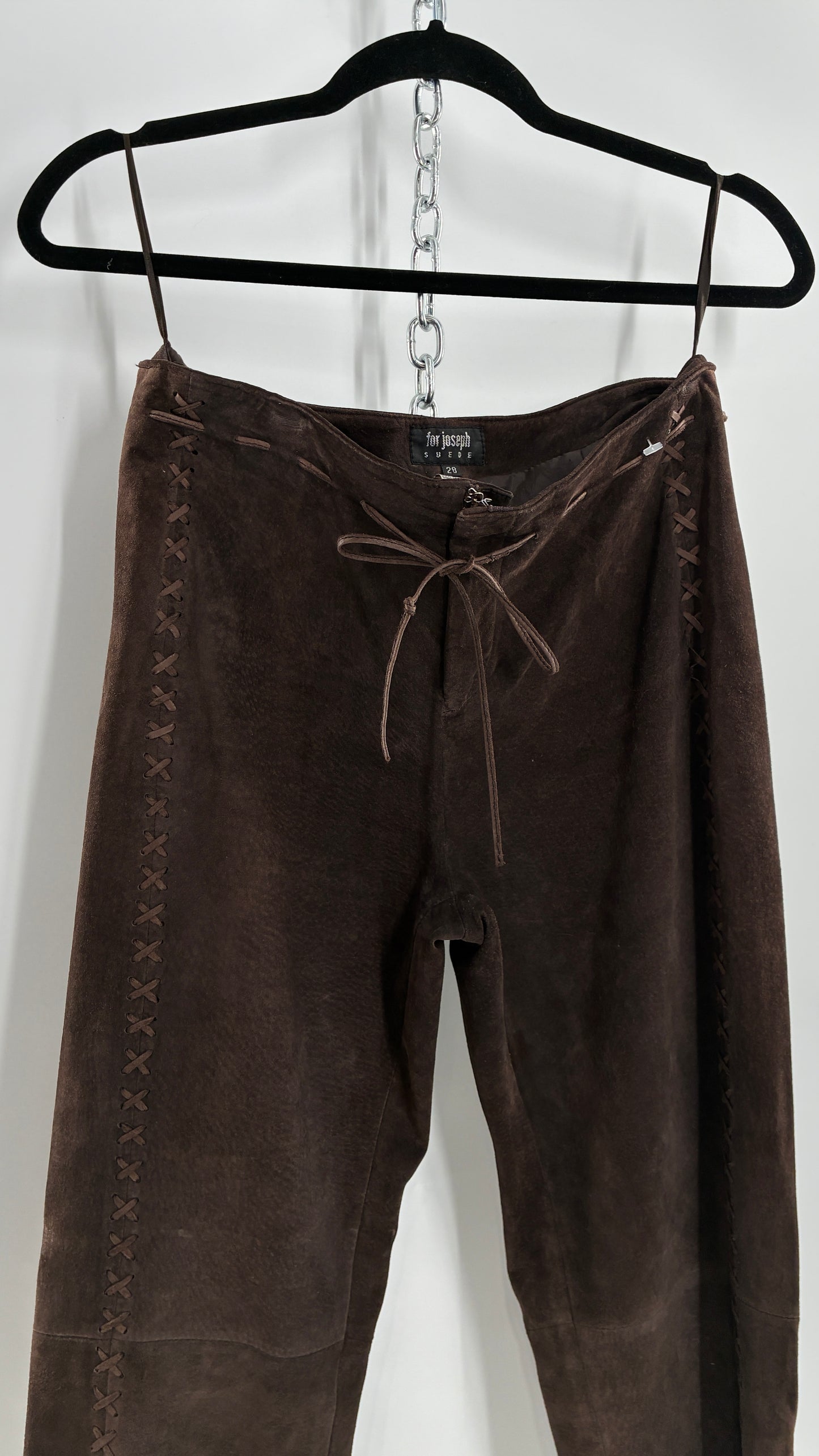 Vintage FOR JOSEPH Low Rise, Chocolate Brown Suede Pants with Leather Stitch Sides and Bow Closure (28)