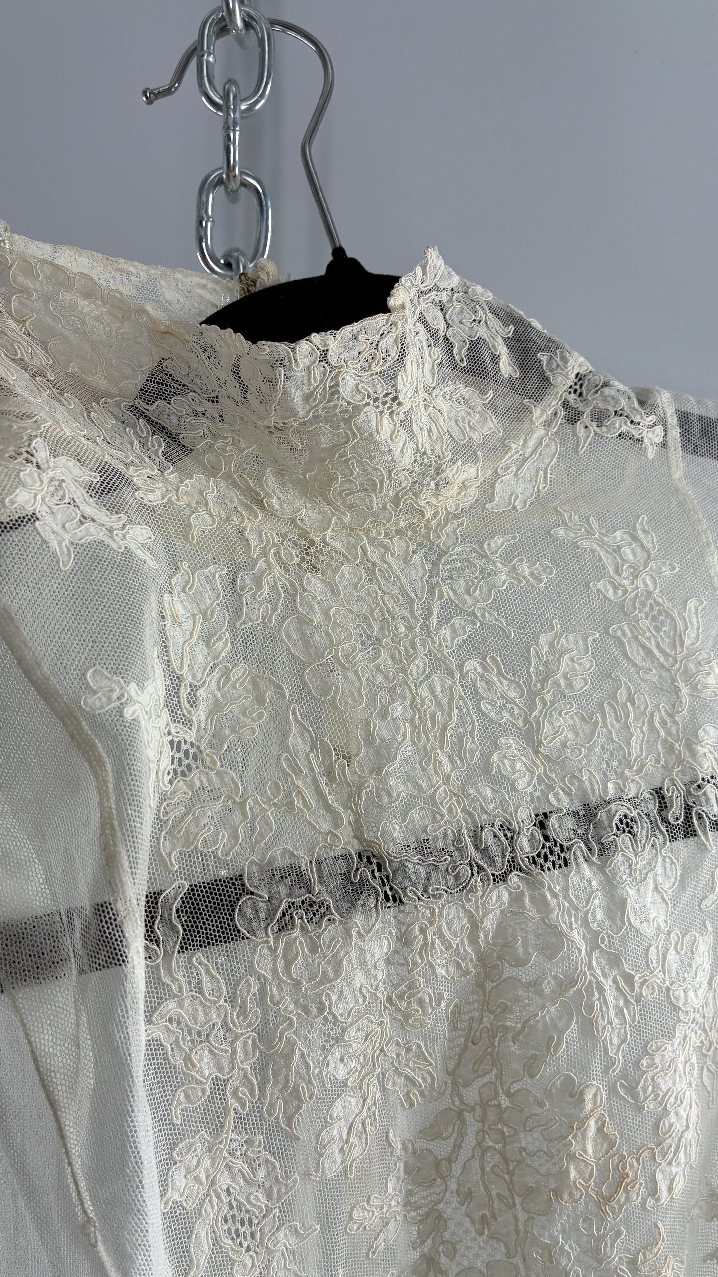 Vintage Antique Sheer Delicate Mesh, Mock Neck, Lace Paneled Camisole with Drawstring Waistline (XS/S)