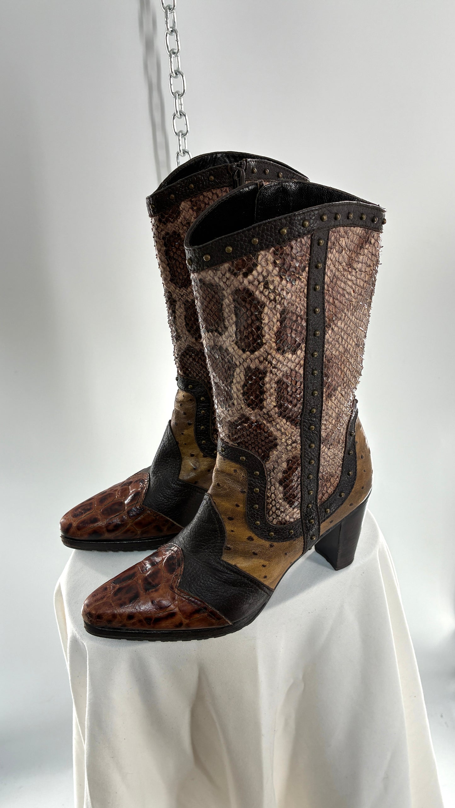 Vintage STUART WEITZMAN Stampede Boots Ft Snake, Crocodile and Ostrich Embossed Leather (8.5)