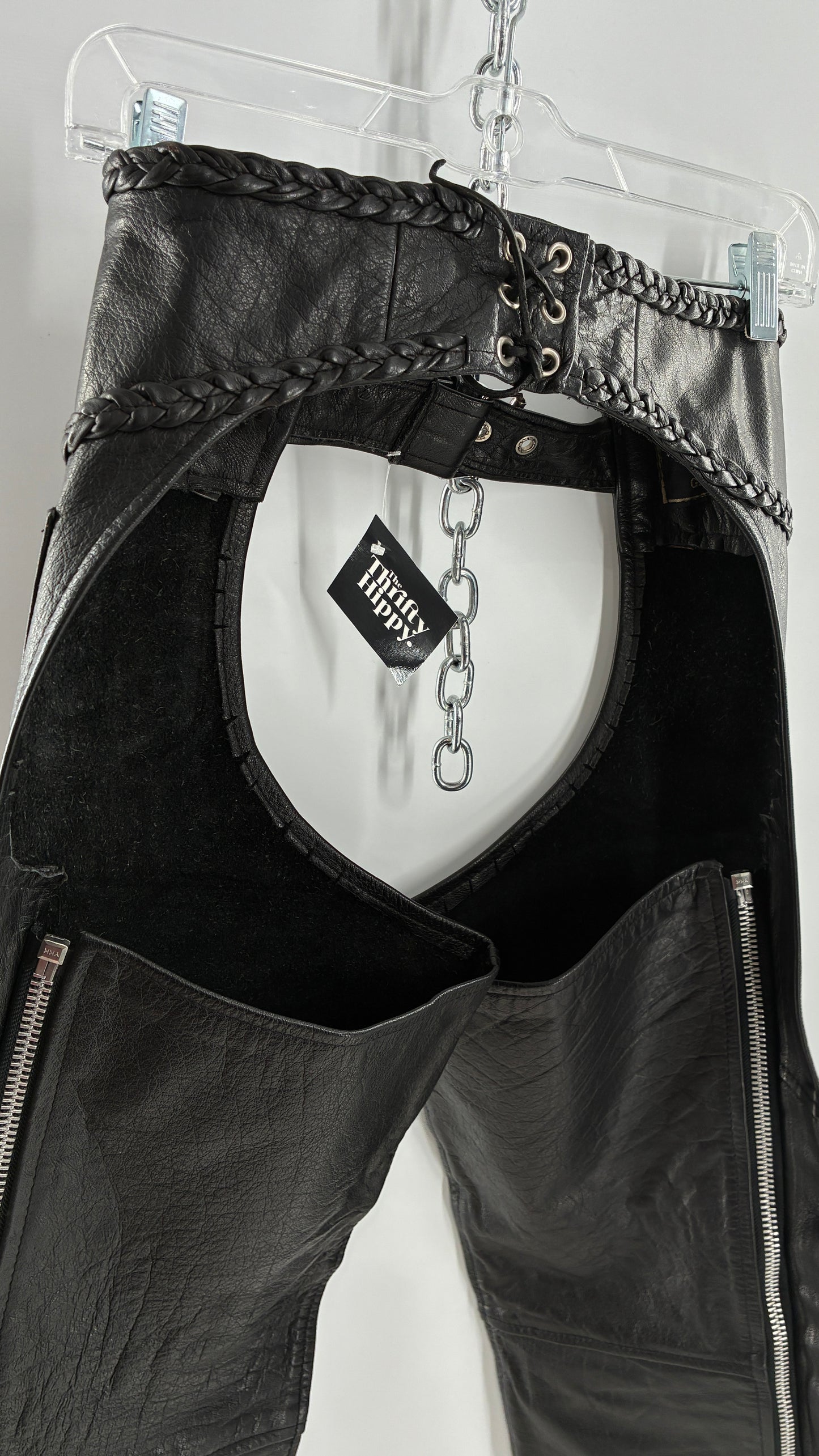 Vintage AMERICAN LEATHER Black Motorcycle Chaps/Pants with Mini Pocket, and Side Zipper Detailing (XS)