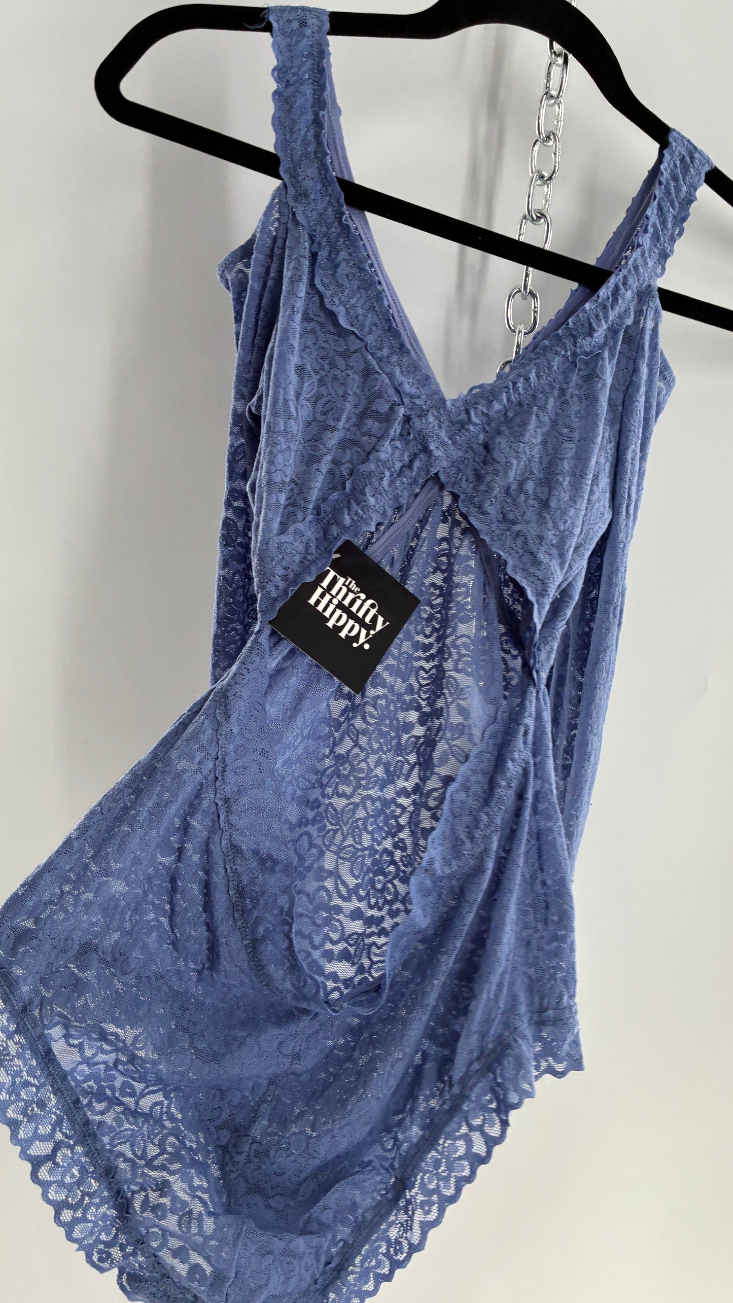 AERIE Periwinkle Blue Long Sleeve Cold Shoulder Open Back Lace Bodysuit (Large)