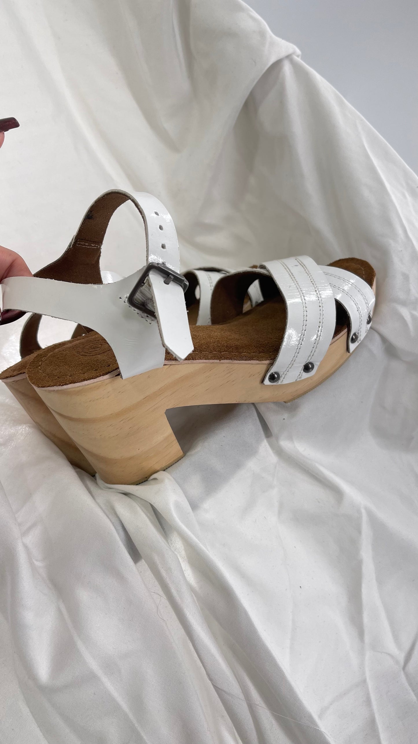 Urban Outfitters White Patent Clogs with Wooden Heel (6)