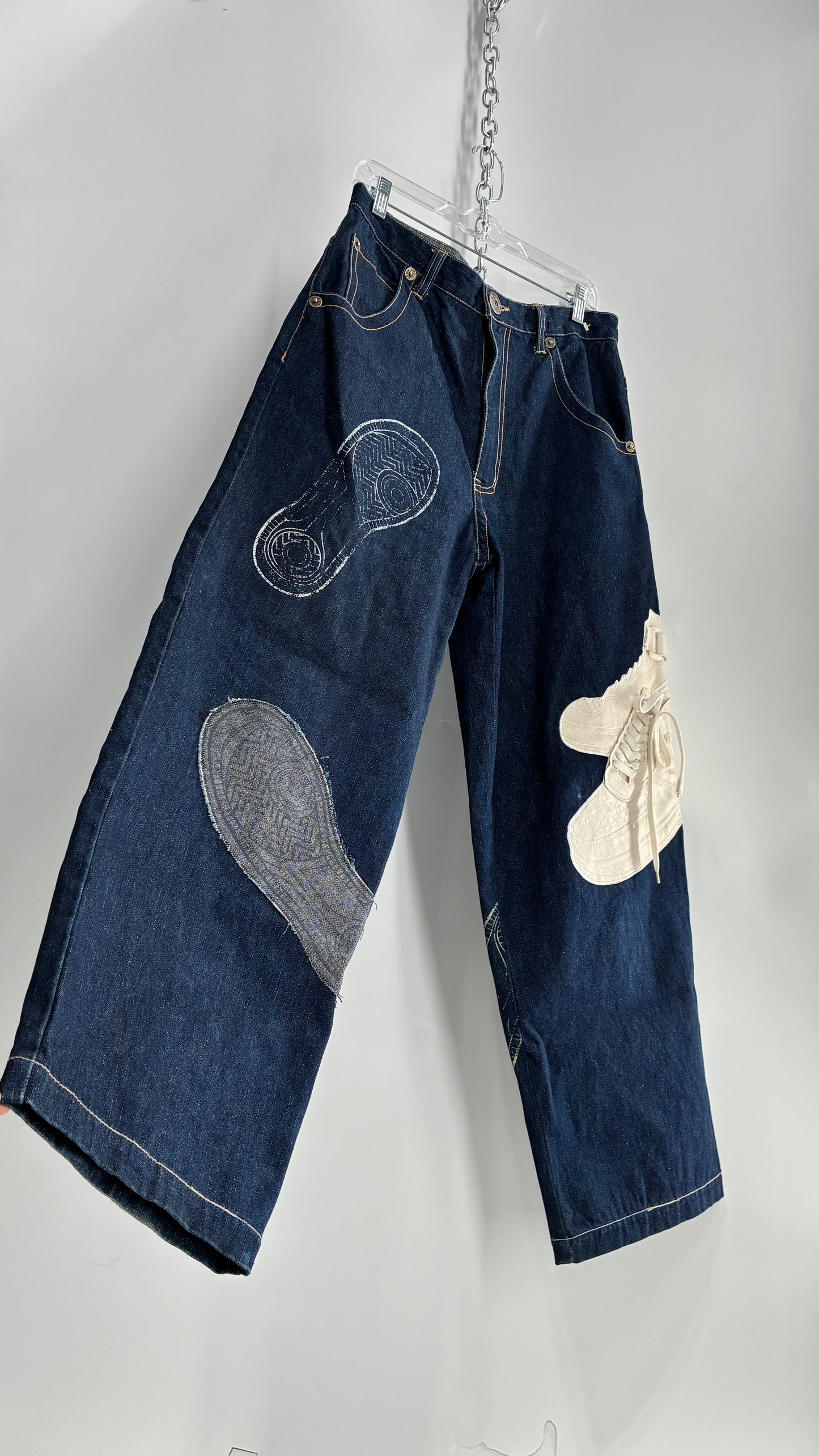 Vintage RAWBLUE Baggy Heavy Denim Wide Legs with AF1 Appliqué (32W/31)