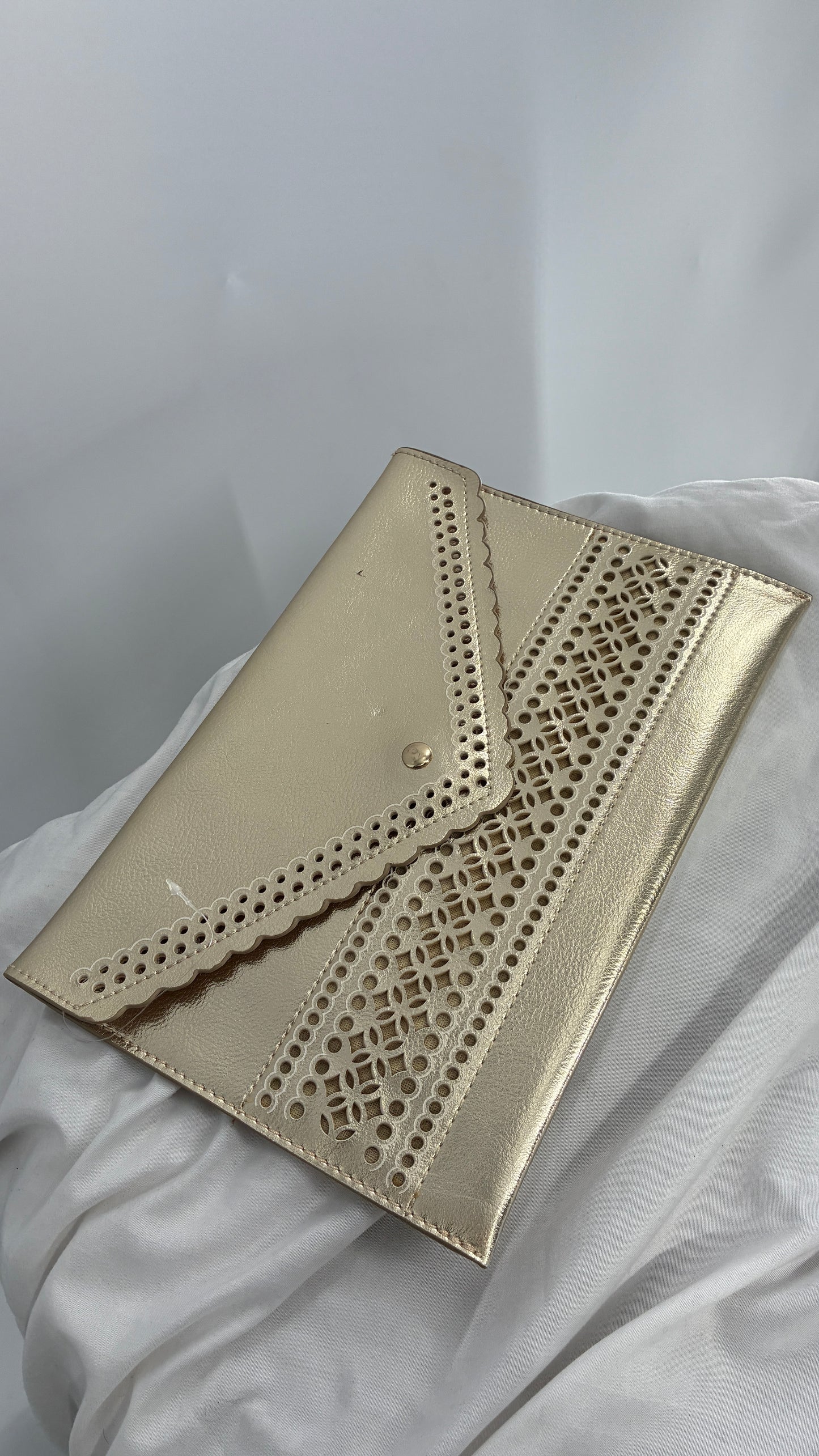 Anthropologie Gold Envelope Eyelet Lace Clutch