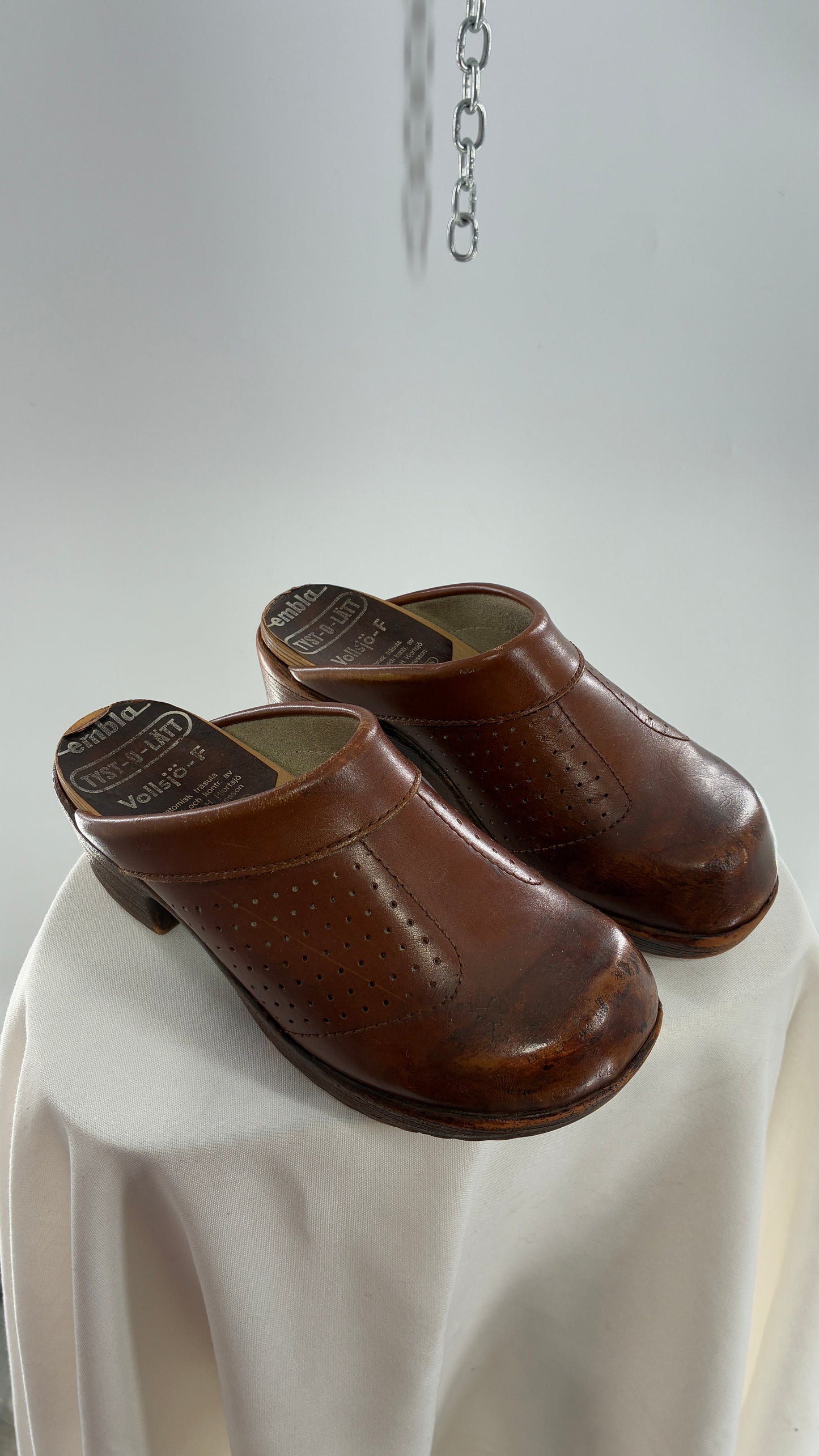 Vintage EMBLA 1970s Brown Leather, Wooden Clogs (37)