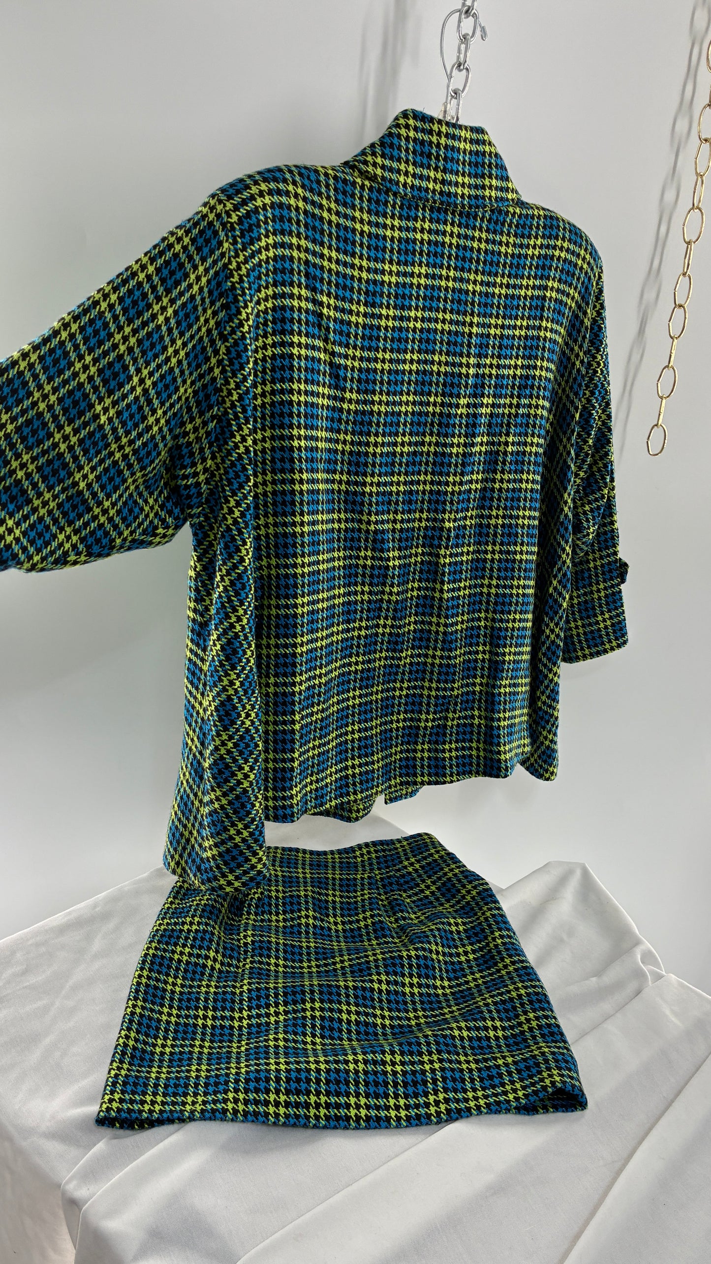 Vintage HONG KONG Wool Blend Neon Green and Blue Plaid Jacket and Micro Mini Set (Small)