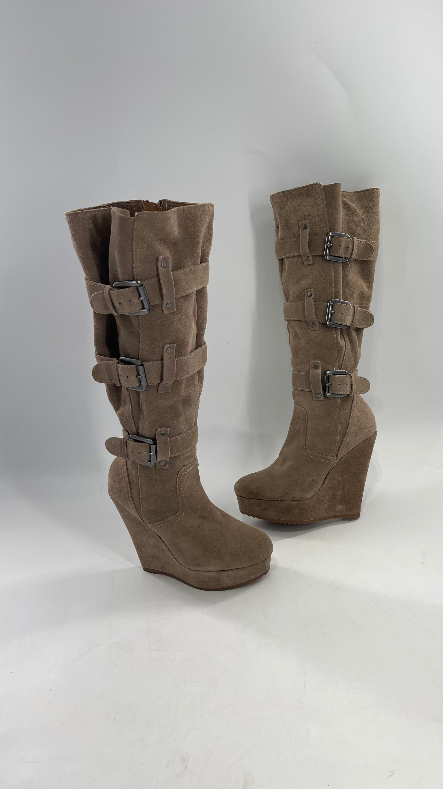 Vintage Bakers Genuine Suede Leather Gray/Tan Wedge Platform Knee High Boots with Gun Metal Buckles (6)